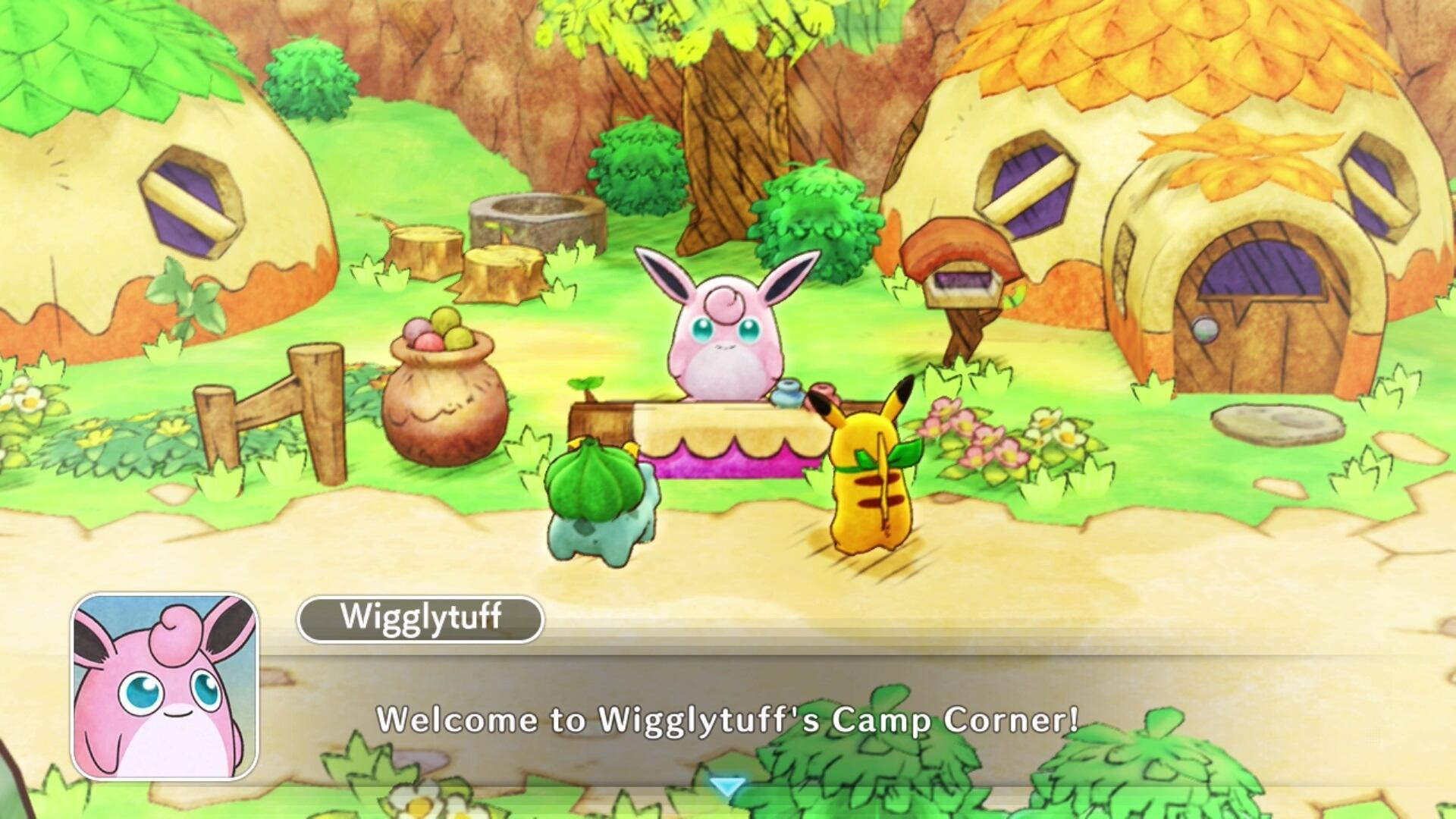 Scena z gry Pokemon pokazuje Wigglytuff w sklepie z Pikachu i Bulbasaur, w kolorowej wiosce.