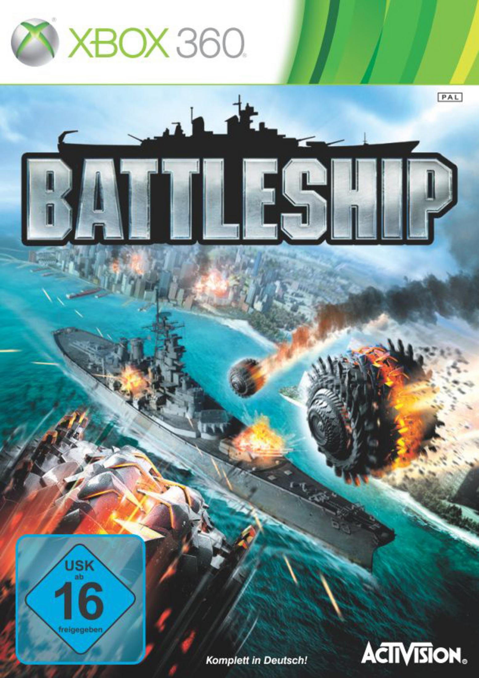 Schlachtschiff-Spielcover, zwei Schlachtschiffe kämpfen, Explosionen, Meer, blauer Himmel.