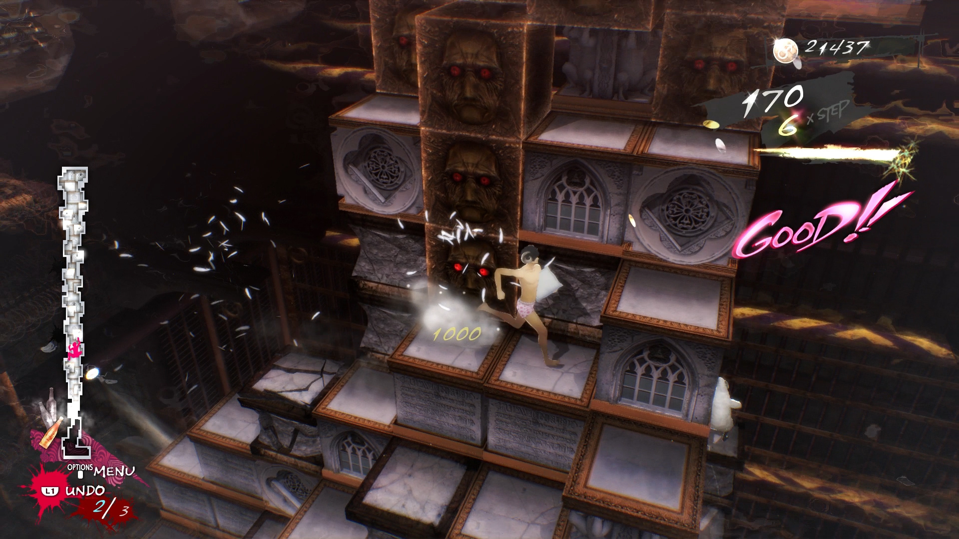 Scena z gry wideo 3D z postacią skaczącą po blokach, czerwonym tłem i tekstem 'GOOD!!'.