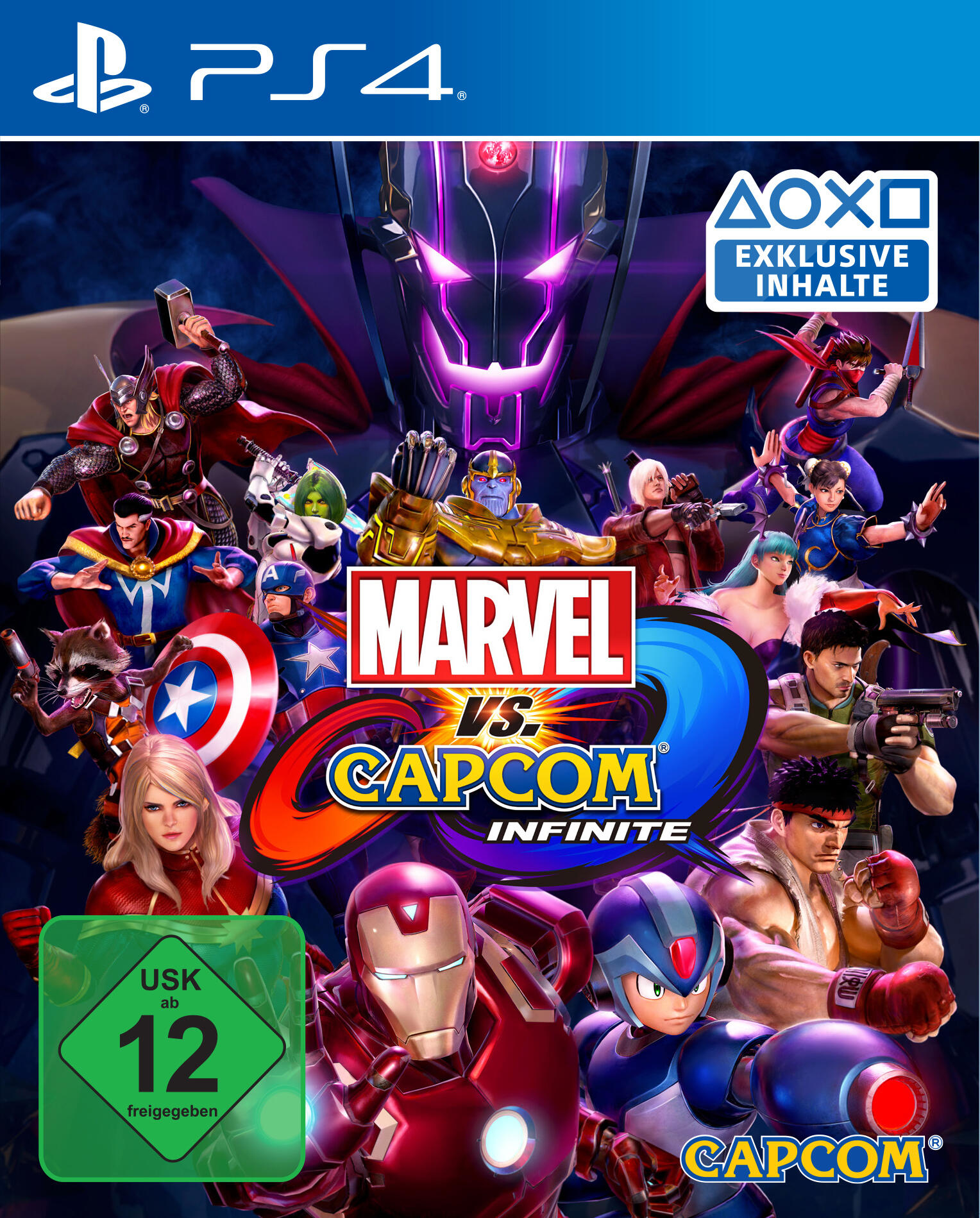 Copertina del gioco, Marvel vs. Capcom: Infinite, con molti personaggi Marvel e Capcom.