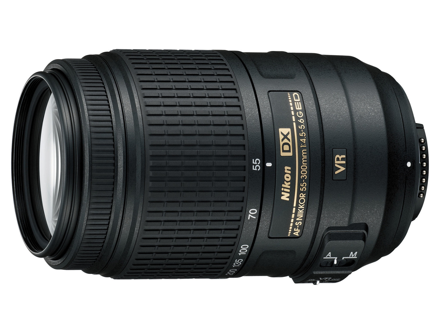 Nikon Kameraobjektiv mit Zoommarkierungen und Fokuseinstellungen, schwarzes Gehäuse.