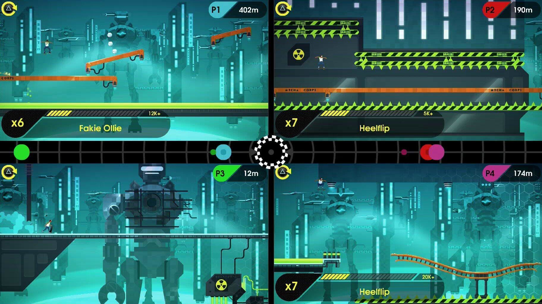 Czteropanelowy ekran gry. Każdy panel pokazuje inny poziom z postaciami i elementami gry.