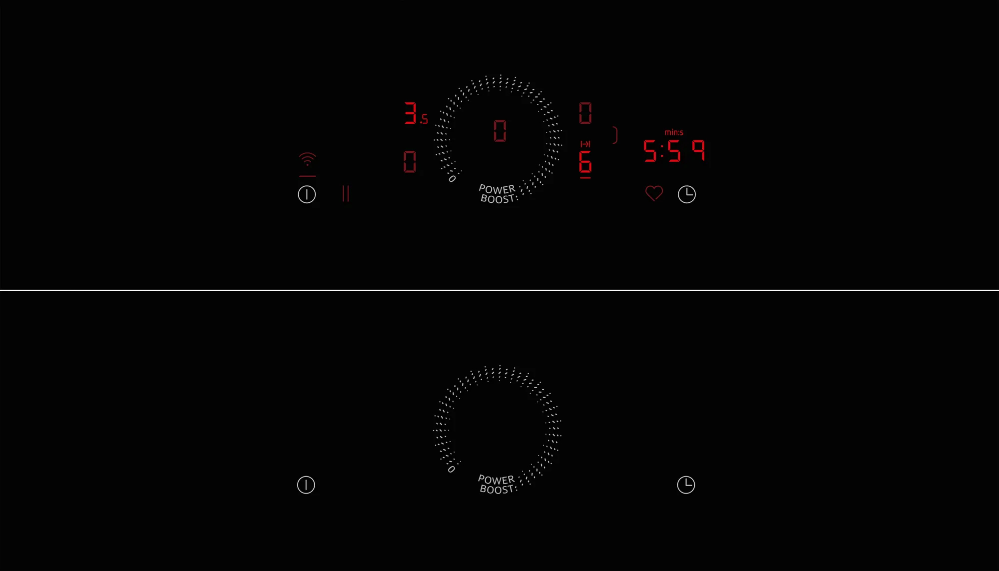 Encimera negra con pantalla digital roja. Muestra ajustes de potencia, temporizador e información de cocción.