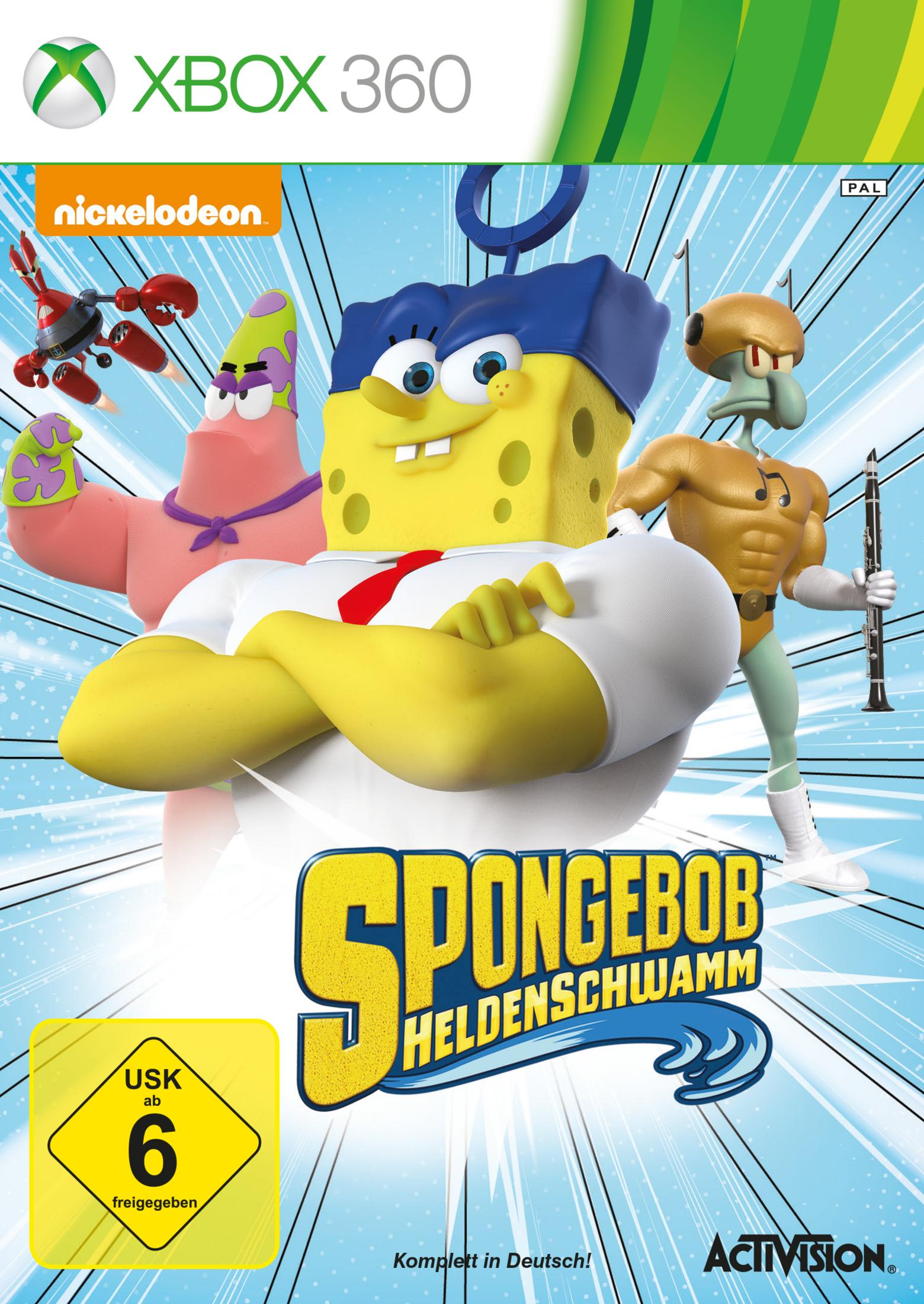 Xbox 360-Spielcover: Spongebob, Patrick und Thaddäus. Helle Farben und Cartoon-Stil.