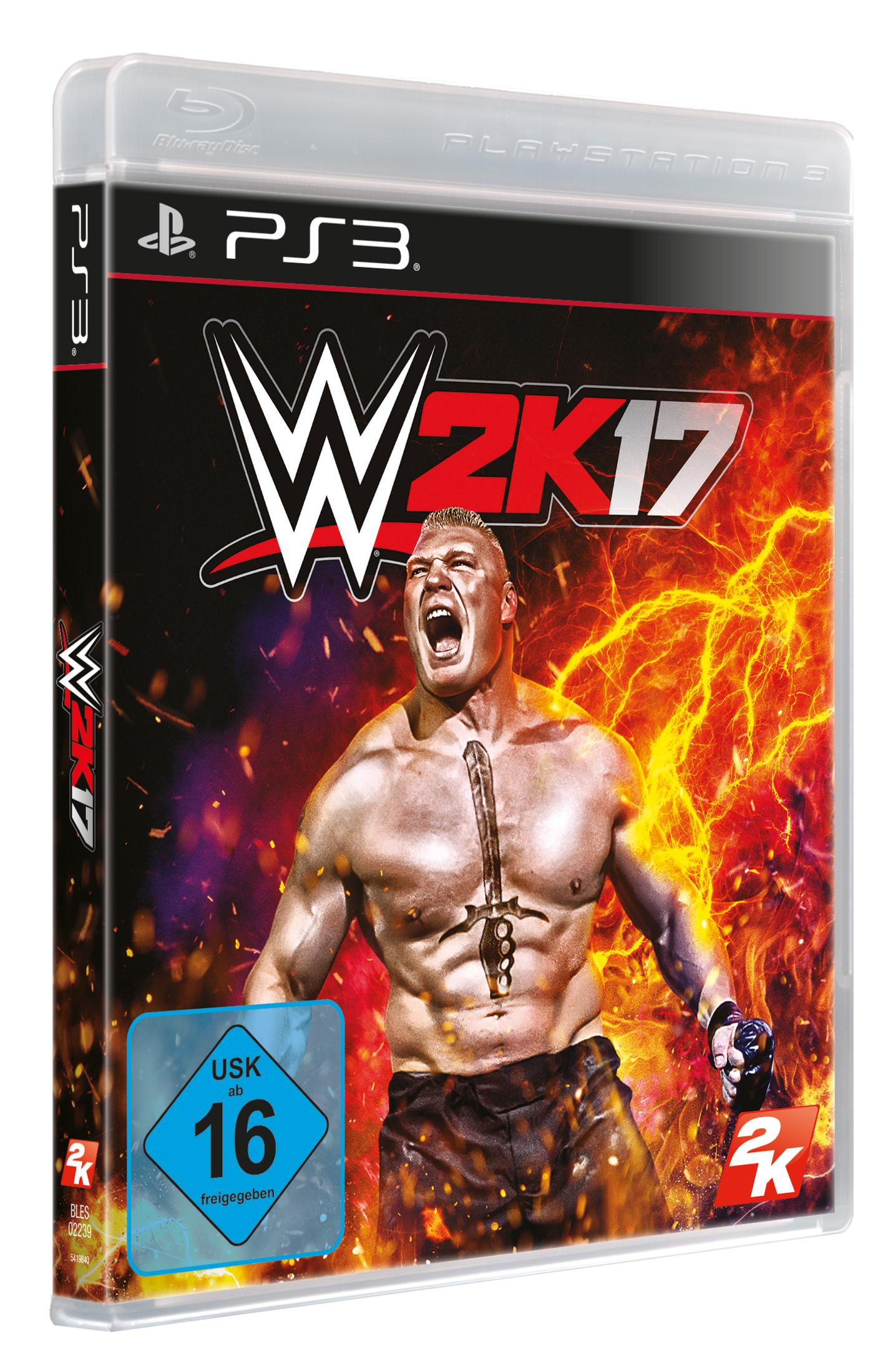 WWE 2K17 Spielcover. Ein muskulöser Mann schreit. Das Spiel ist für PS3 mit USK 16-Bewertung.