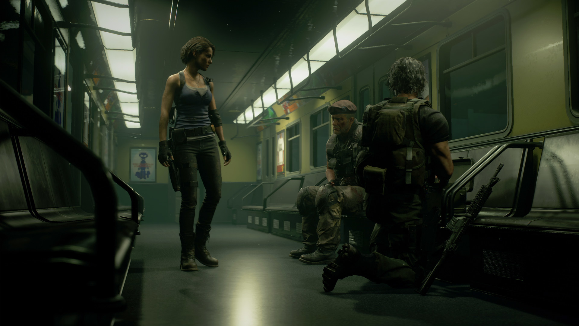 Scena dal gioco Resident Evil 3. Personaggi in una carrozza della metropolitana. Una donna e due uomini sono nel treno.