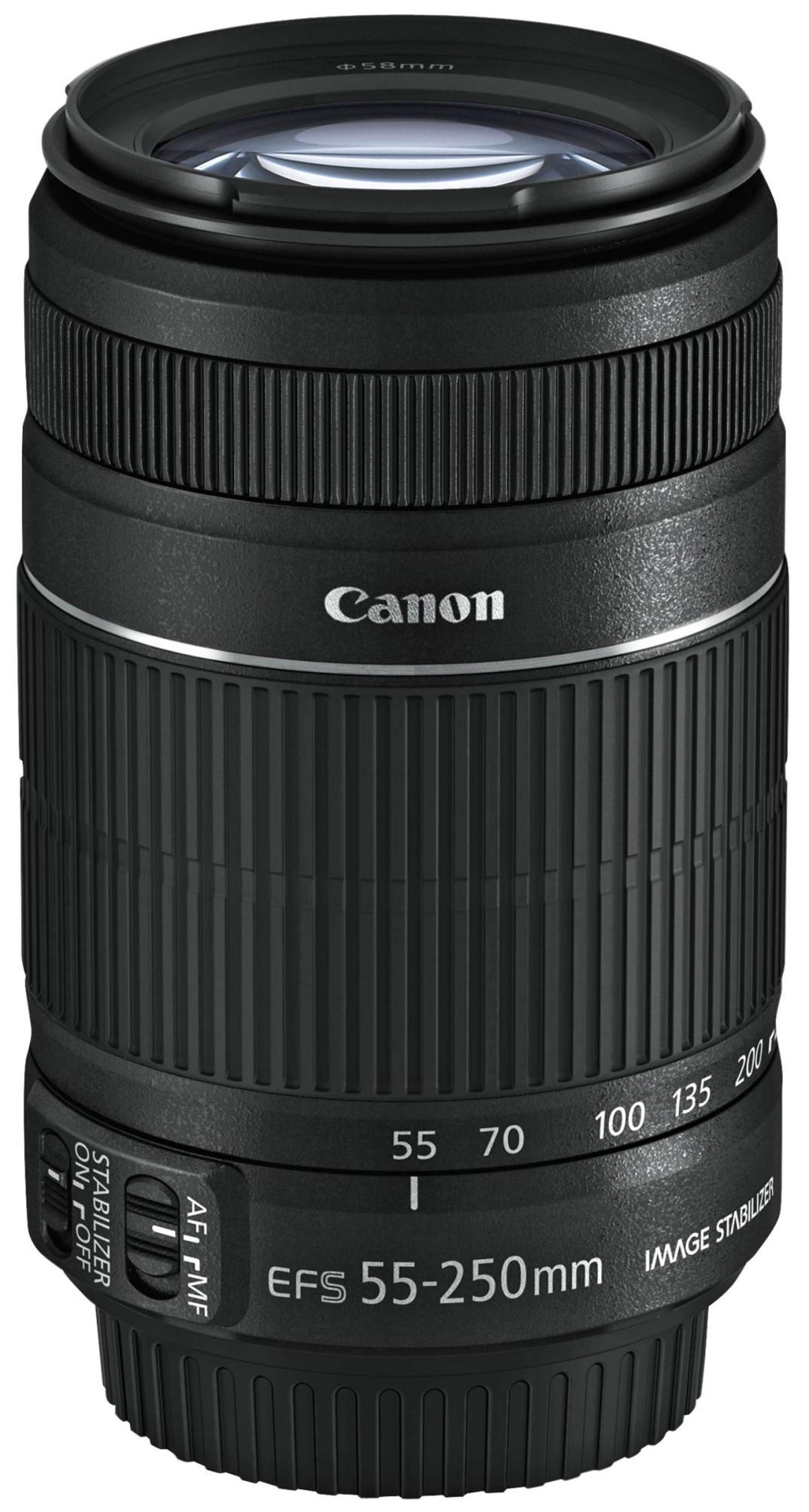 Schwarzes Kameraobjektiv mit Zoommarkierungen. Weißes Canon-Logo. Schwarze und silberne Details. Weißer Hintergrund.