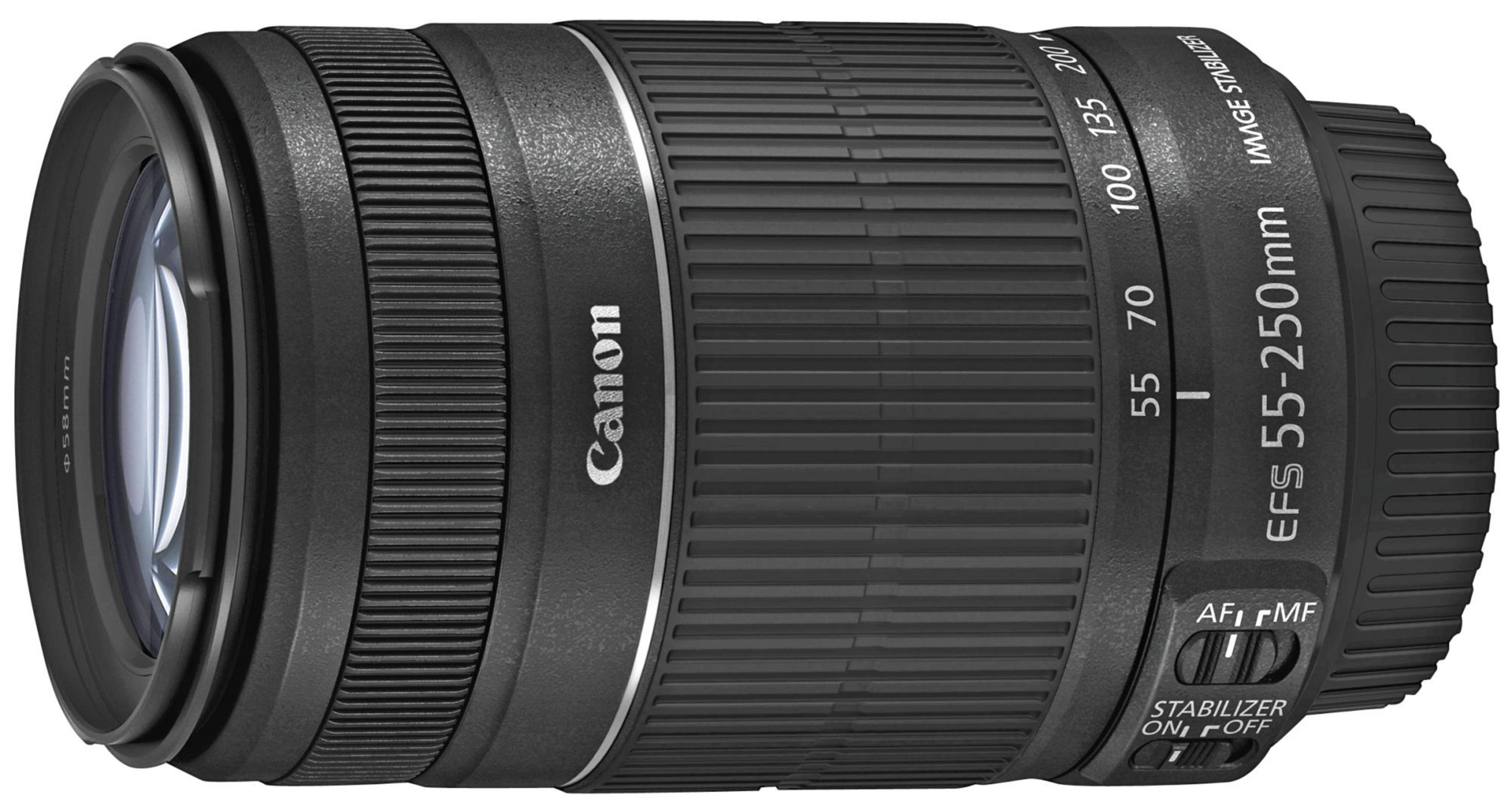 Canon EFS 55-250mm Objektiv, schwarz, mit Zoom- und Fokuseinstellungen, auf Weiß.