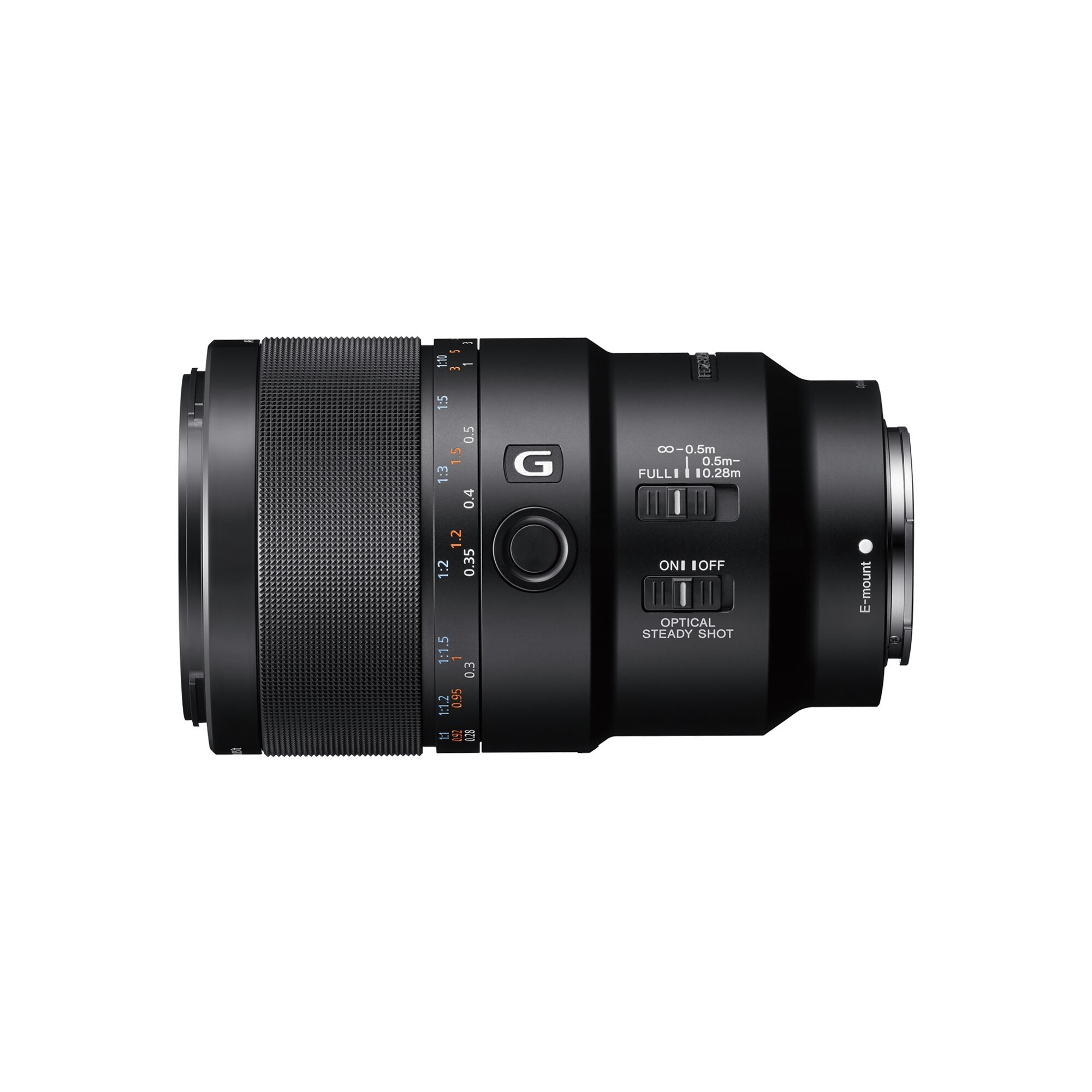 Lente de cámara negra con anillos de enfoque y zoom. Marcas de 'Optical Steady Shot' y 'E-mount' visibles.
