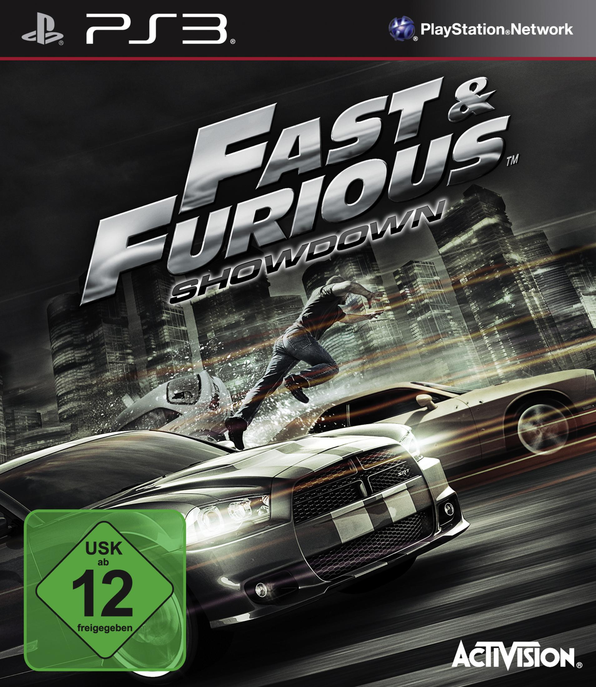 Spielcover für Fast & Furious: Showdown. Autos rasen und ein Mann springt.