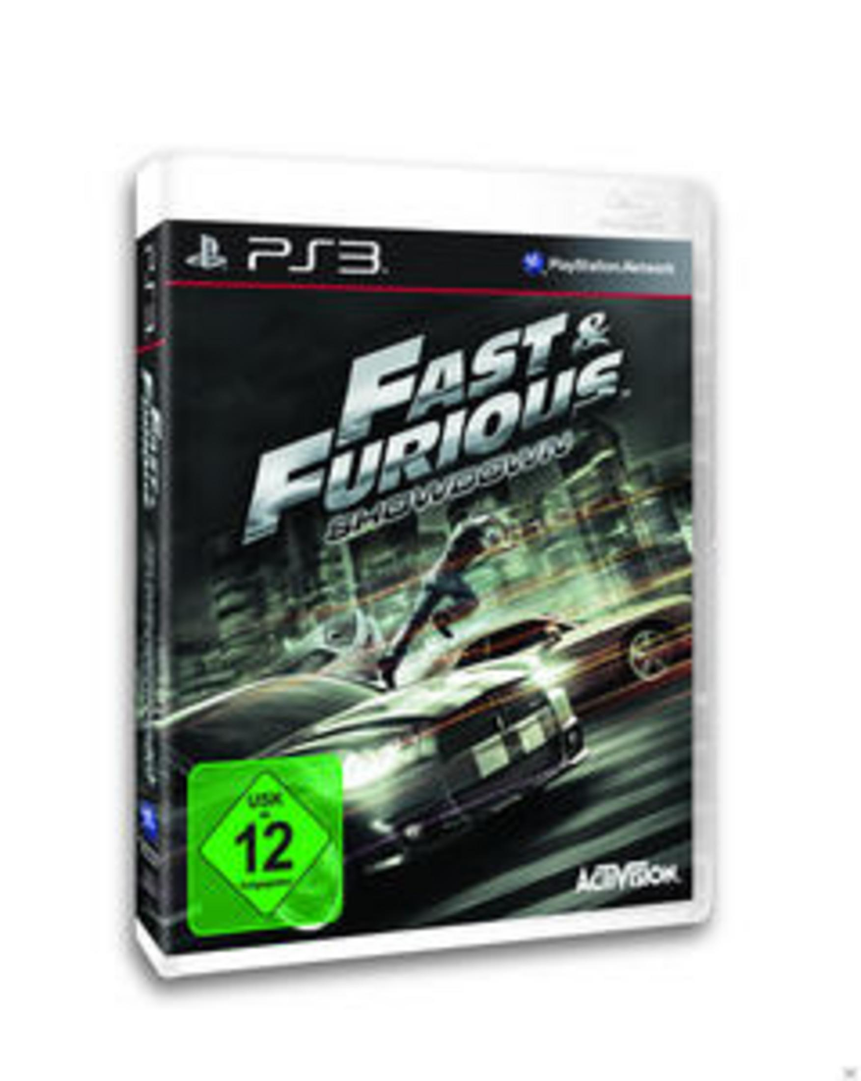 Fast & Furious: Showdown-Spielbox. Autos rasen und ein Mann springt.