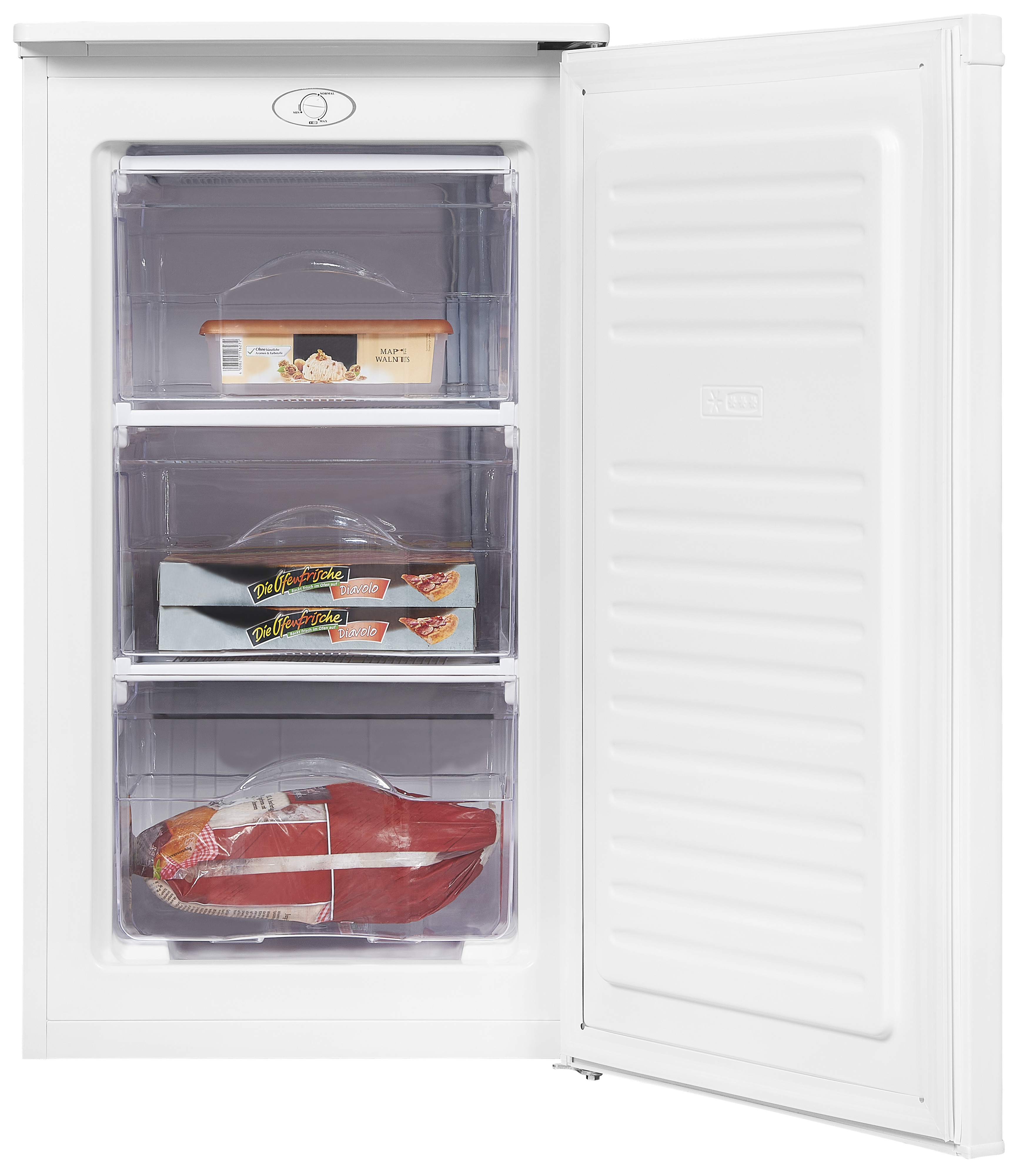 Witte vriezer met open deur, drie laden met voedsel. Goed verlicht interieur.