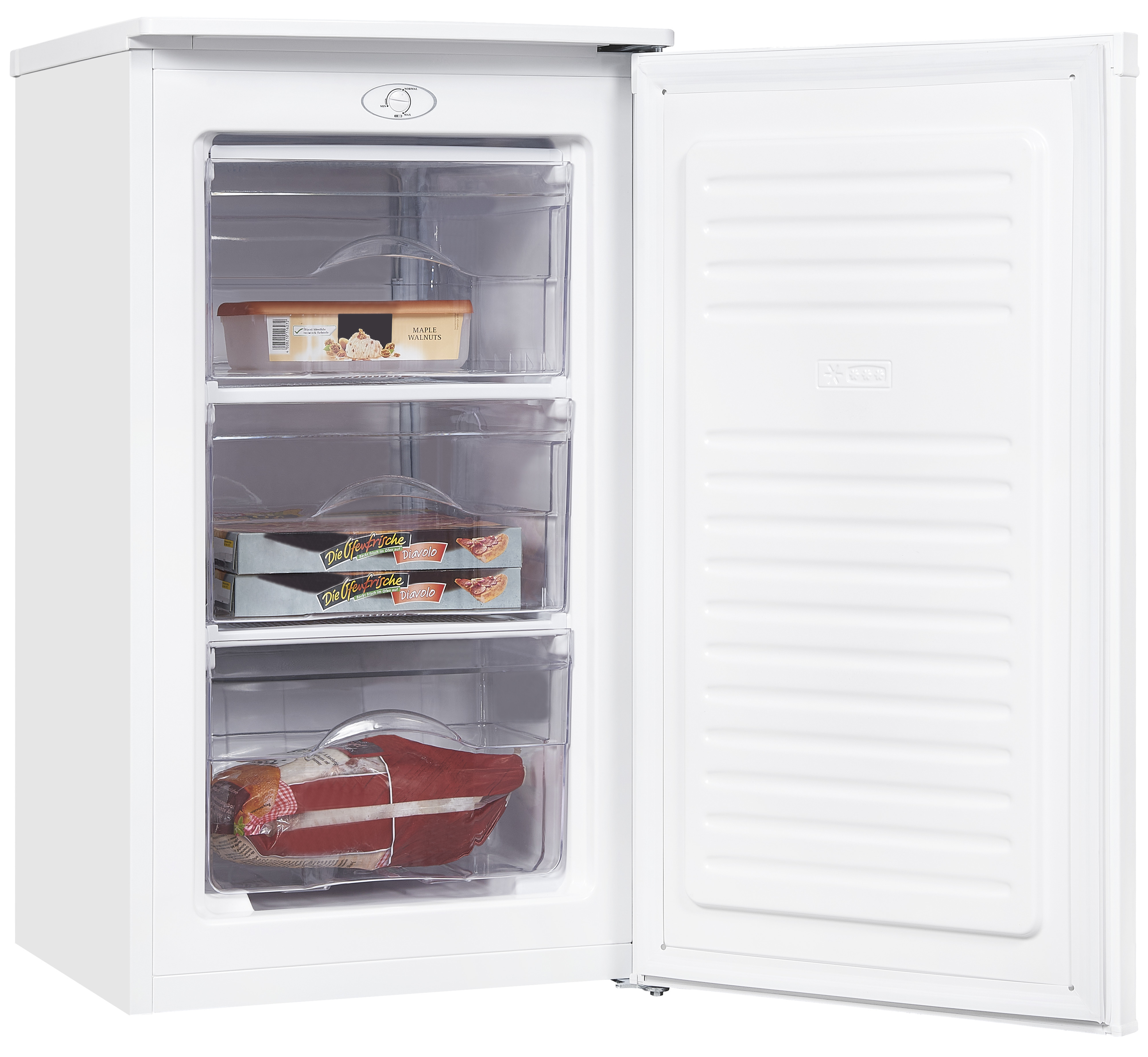 Witte vriezer met open deur, drie laden met voedsel. Goed verlicht interieur.