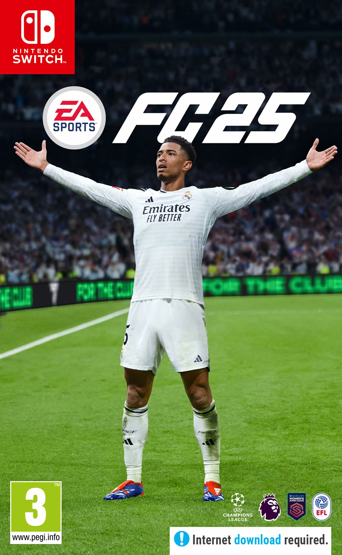 Copertina del gioco FC25. Un calciatore con le braccia tese. Logo Nintendo Switch in alto a sinistra.