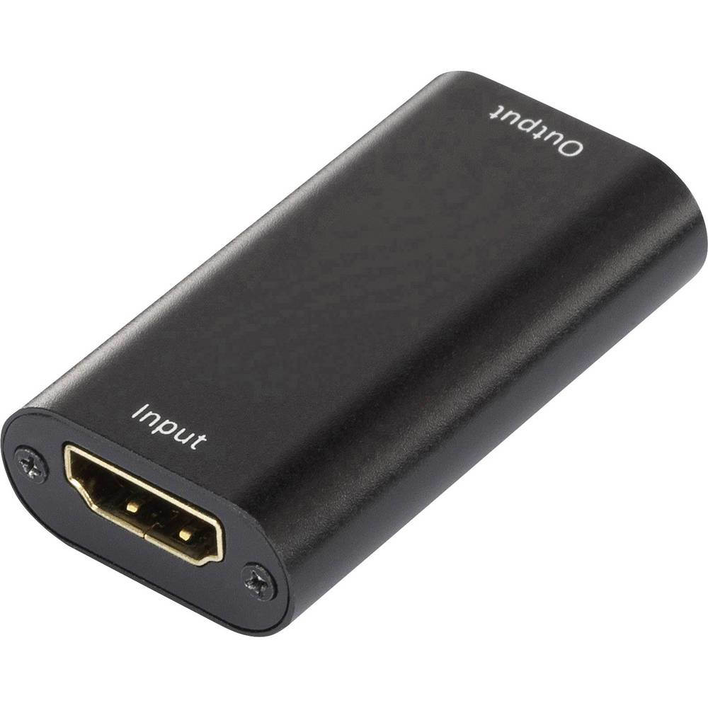 Adattatore HDMI nero con etichette 'Input' e 'Output'.
