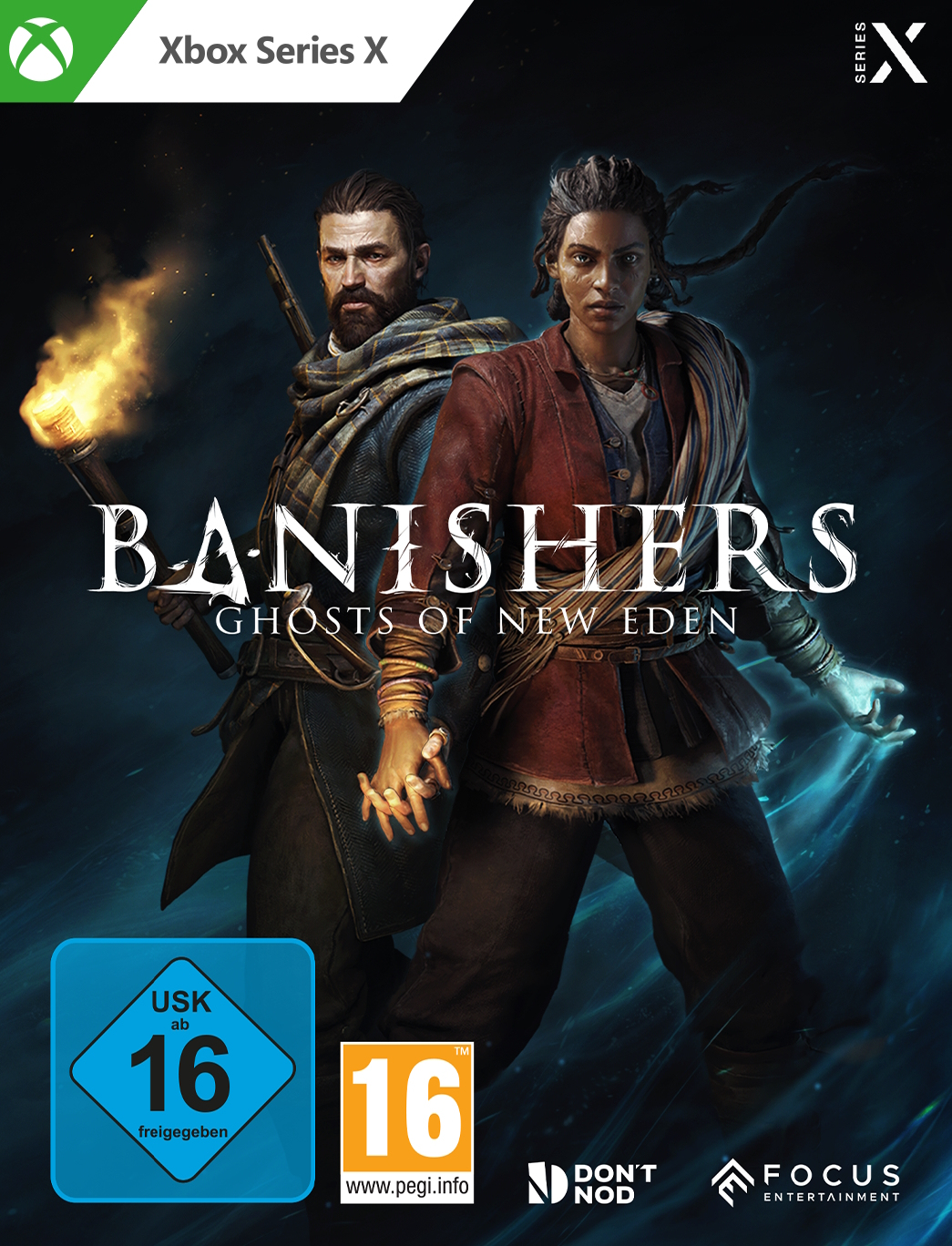 Portada del juego Banishers: Ghosts of New Eden para Xbox Series X. Dos personajes miran hacia adelante.