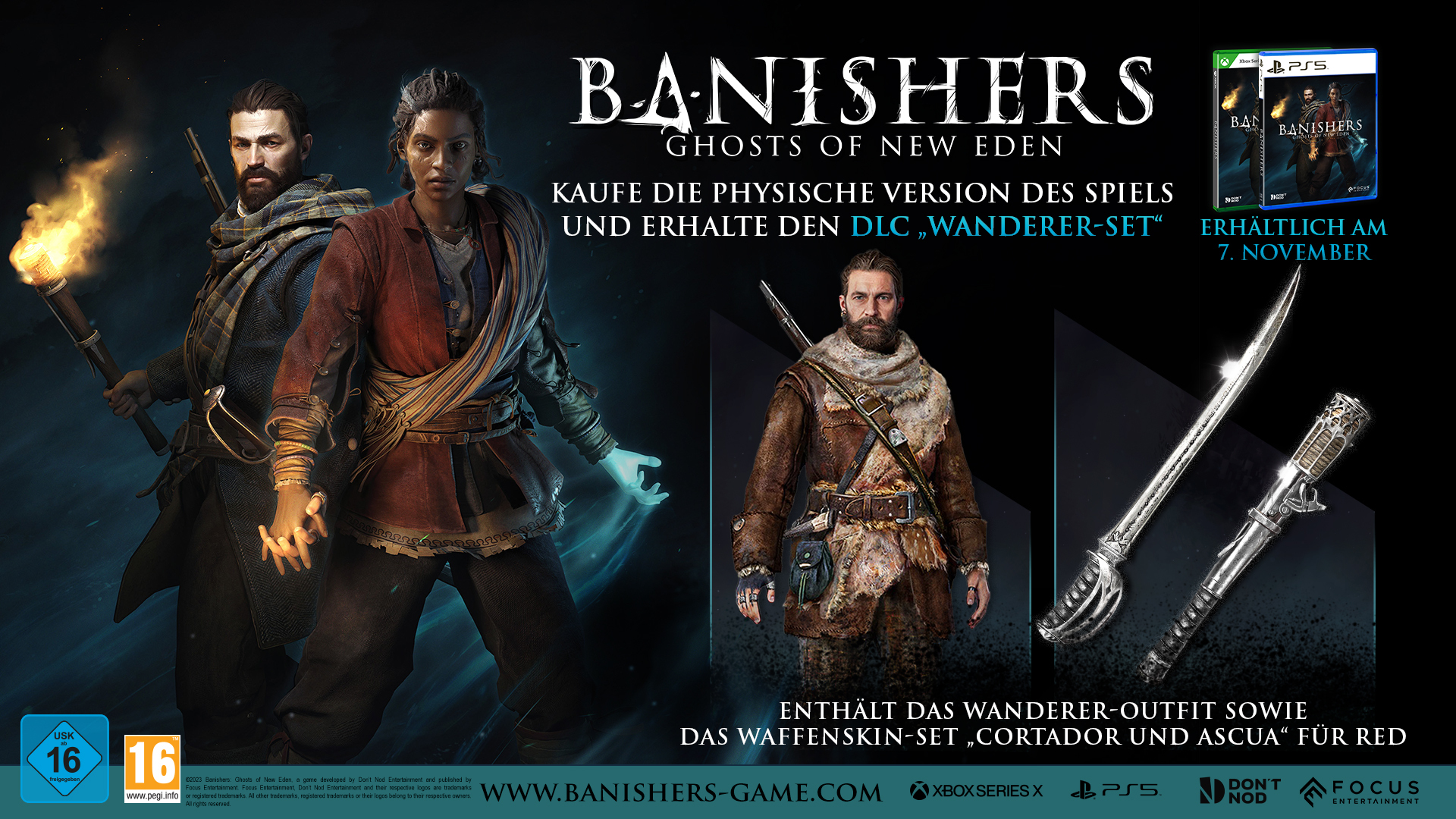 Un anuncio de Banishers: Ghosts of New Eden, con dos personajes, detalles del juego y armas.