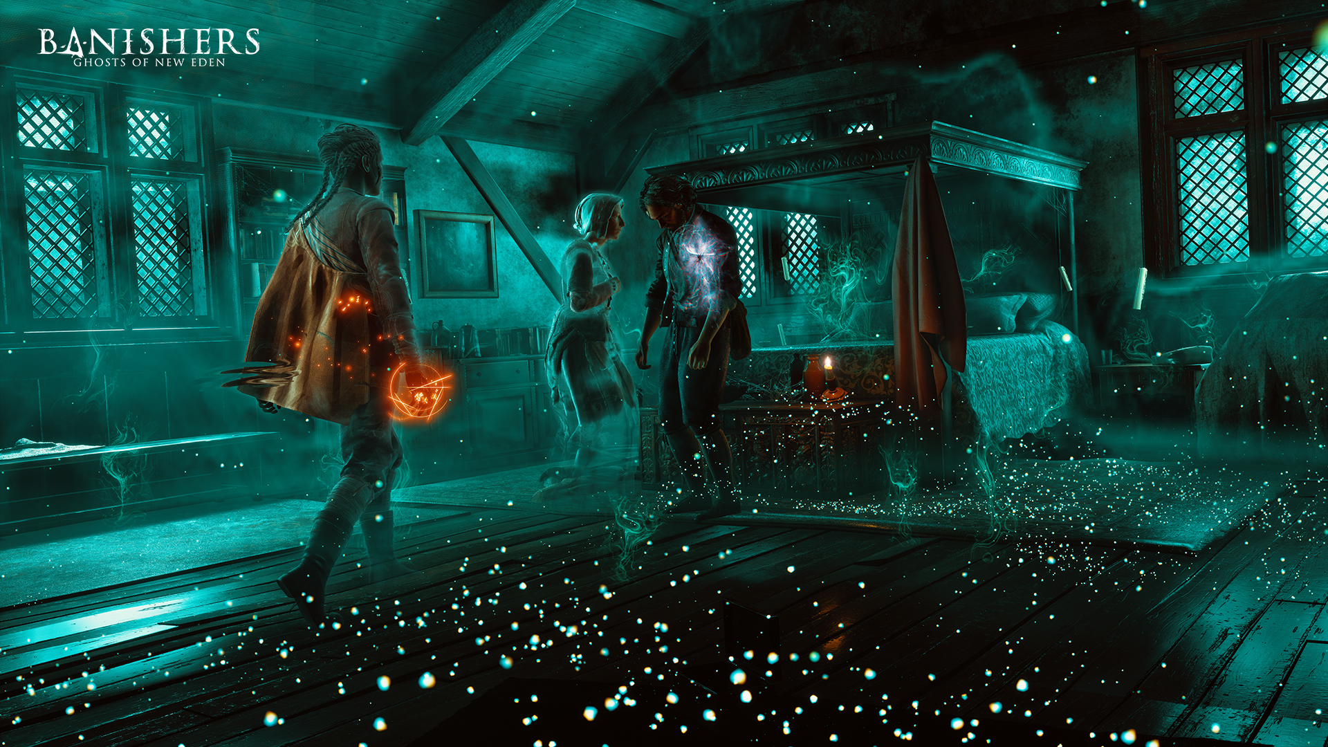 Escena oscura con figuras y orbes brillantes. Título del juego 'Banishers: Ghosts of New Eden' arriba.