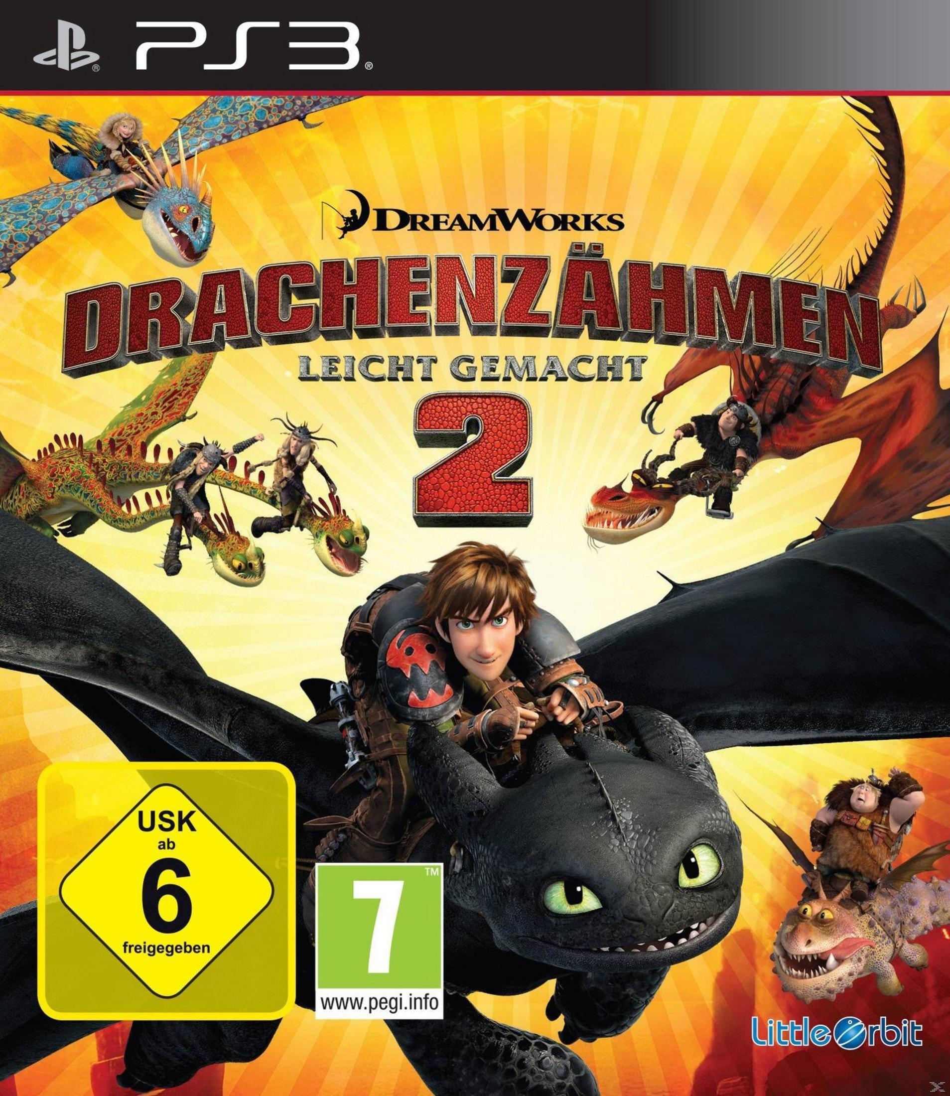Cover des Spiels, Drachenzähmen leicht gemacht 2, mit Charakteren, die auf Drachen in einer animierten Szene fliegen.