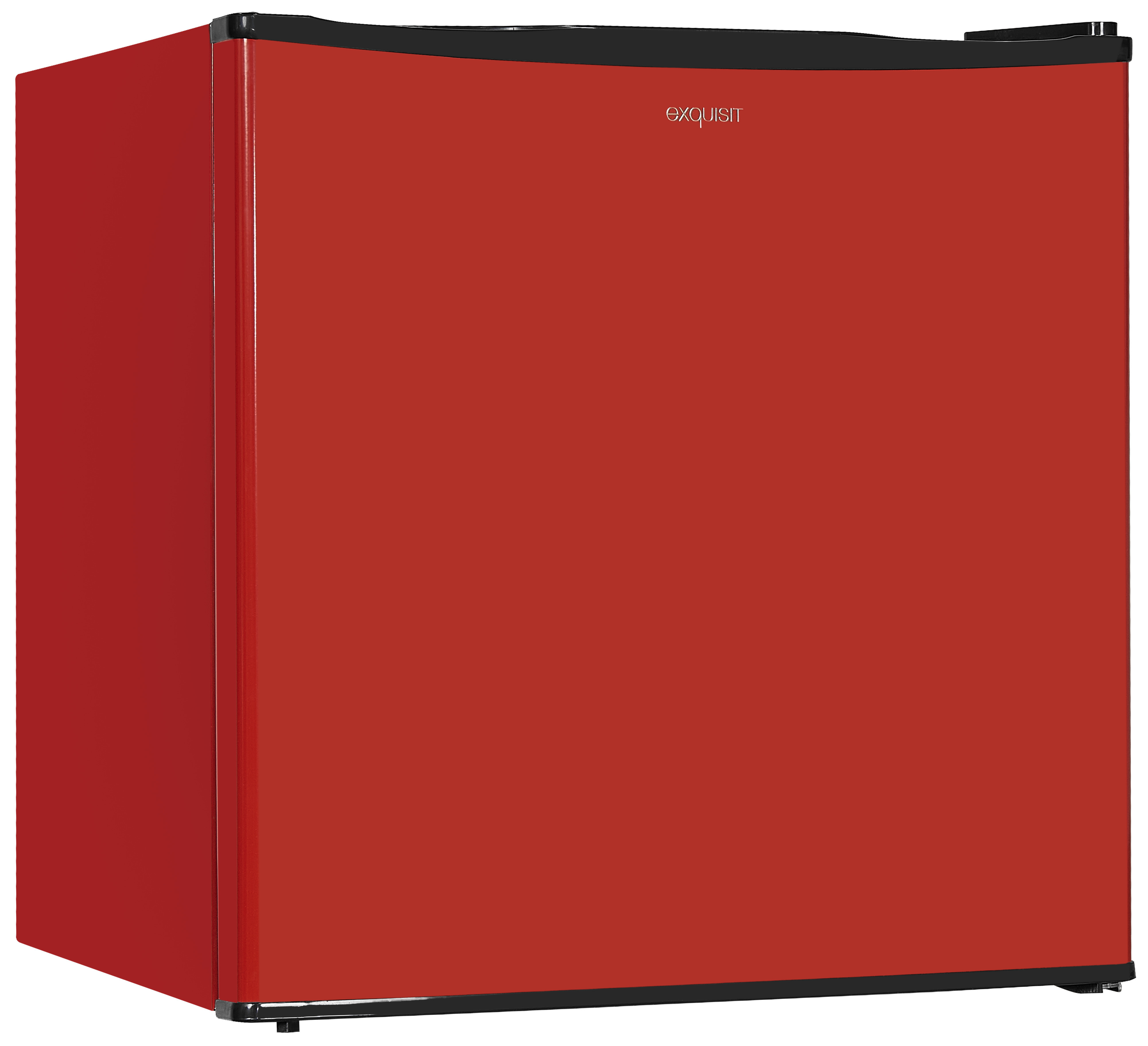 Ein kleiner roter Kühlschrank mit schwarzer Oberseite und dem Namen "EXQUISIT" vorne.