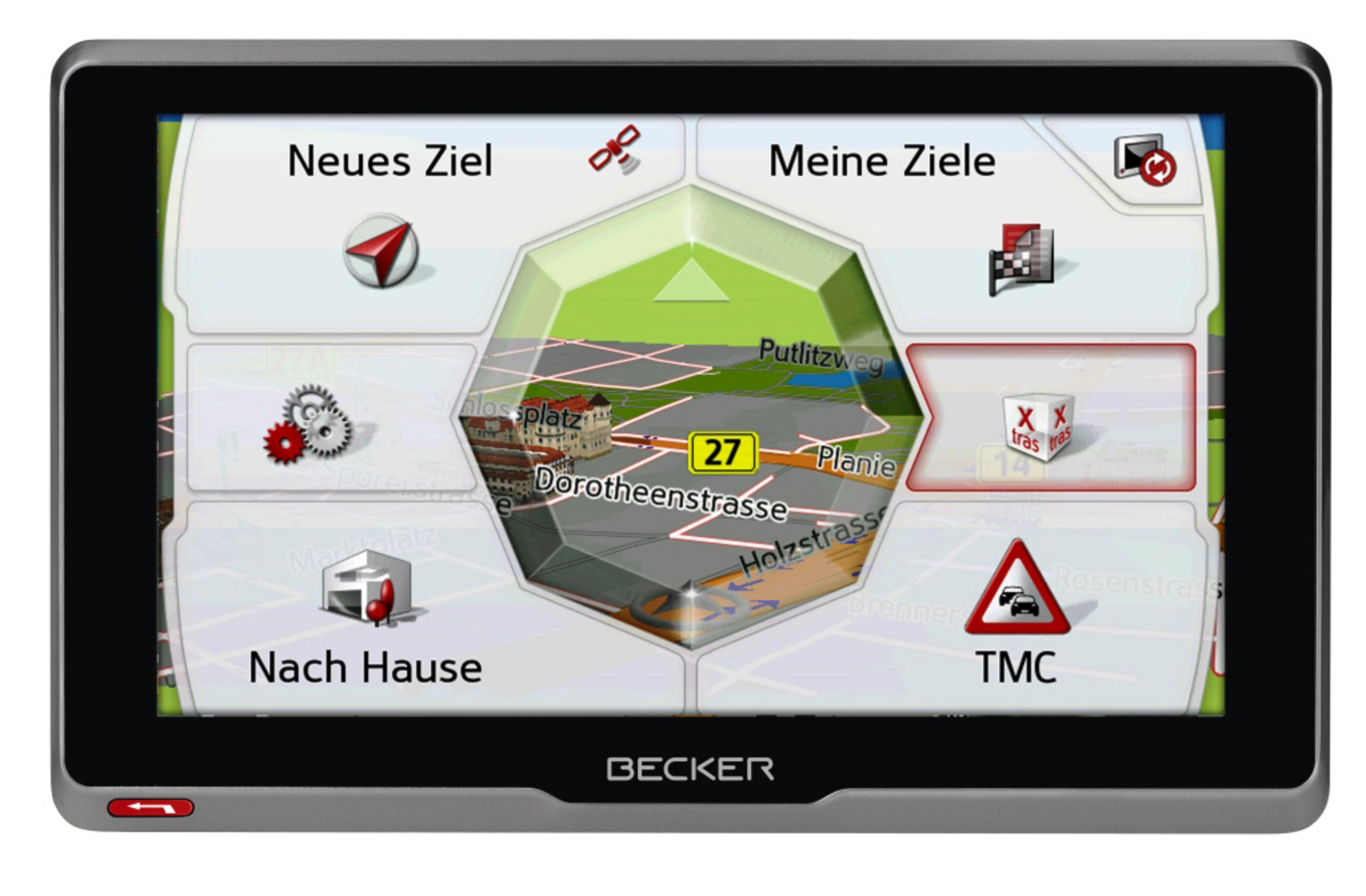 Ein GPS-Gerät-Bildschirm mit einer Karte, die Richtungen und verschiedene Navigationssymbole zeigt.
