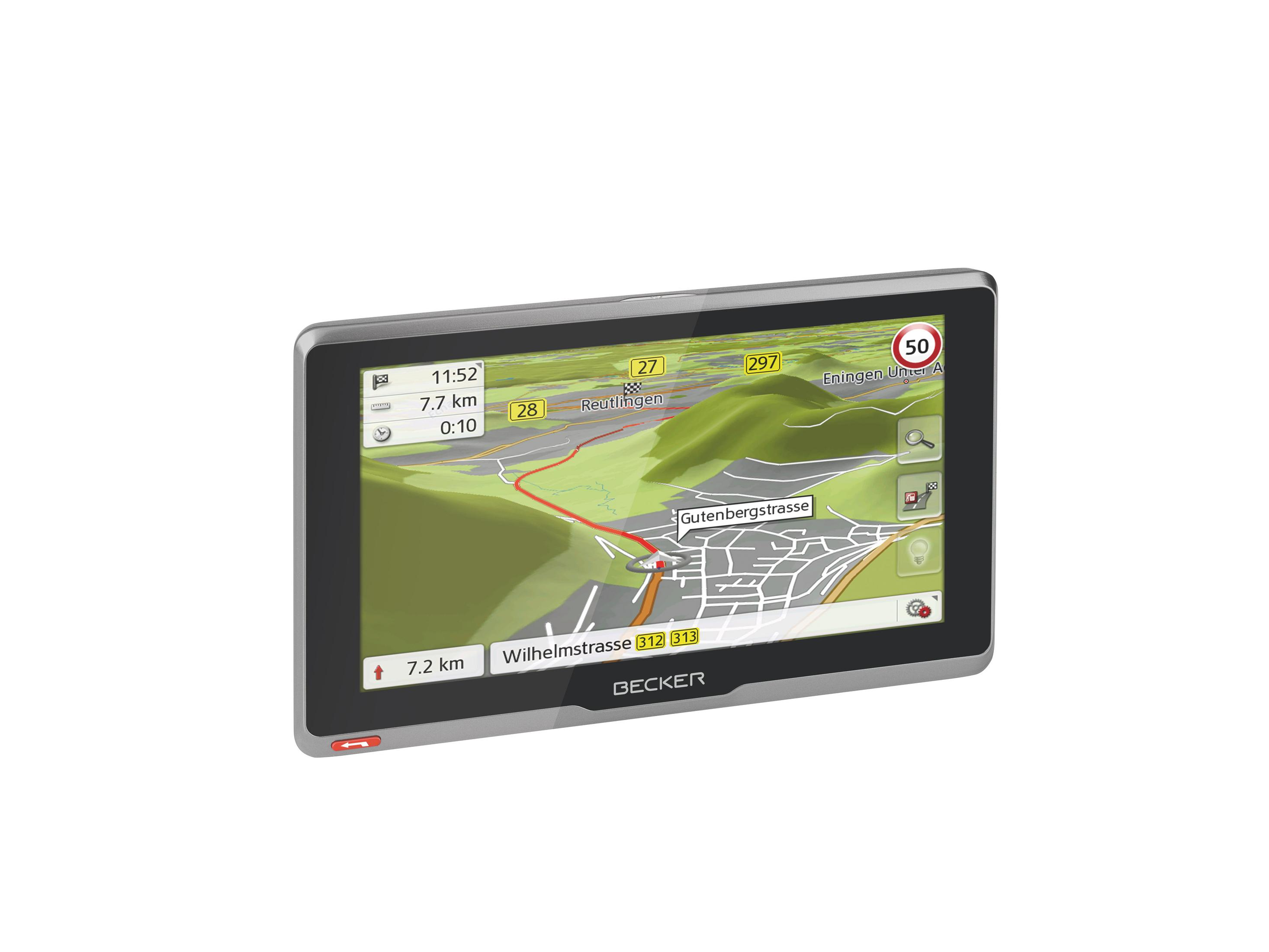 GPS-Gerät zeigt Karte mit Route, Zeit, Entfernung und Straßennamen.