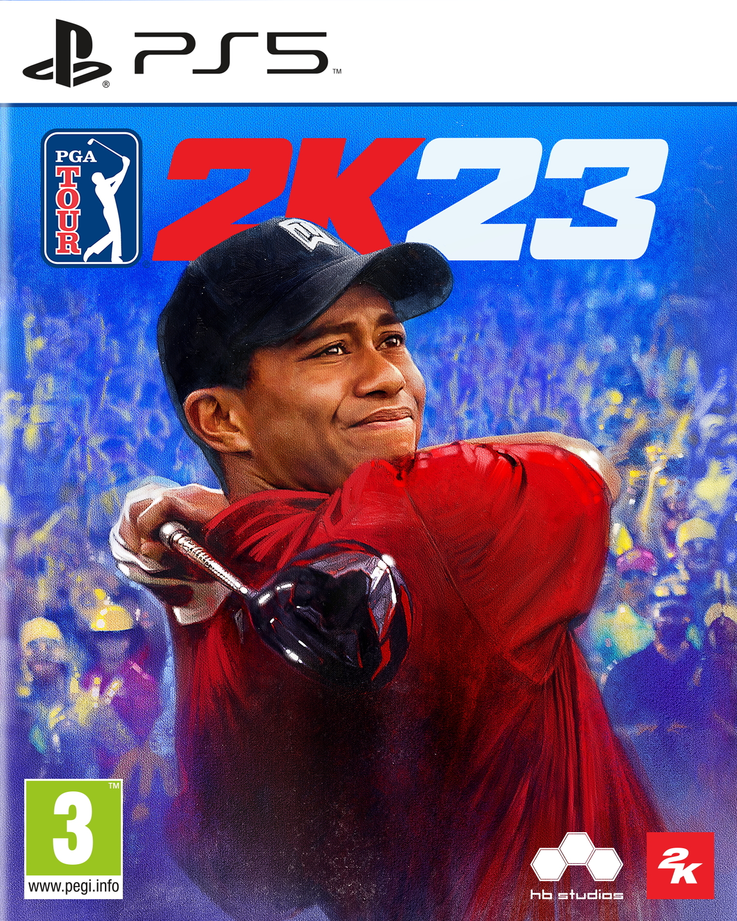 Okładka gry PS5: PGA Tour 2K23. Tiger Woods z kijem golfowym, przed tłumem.