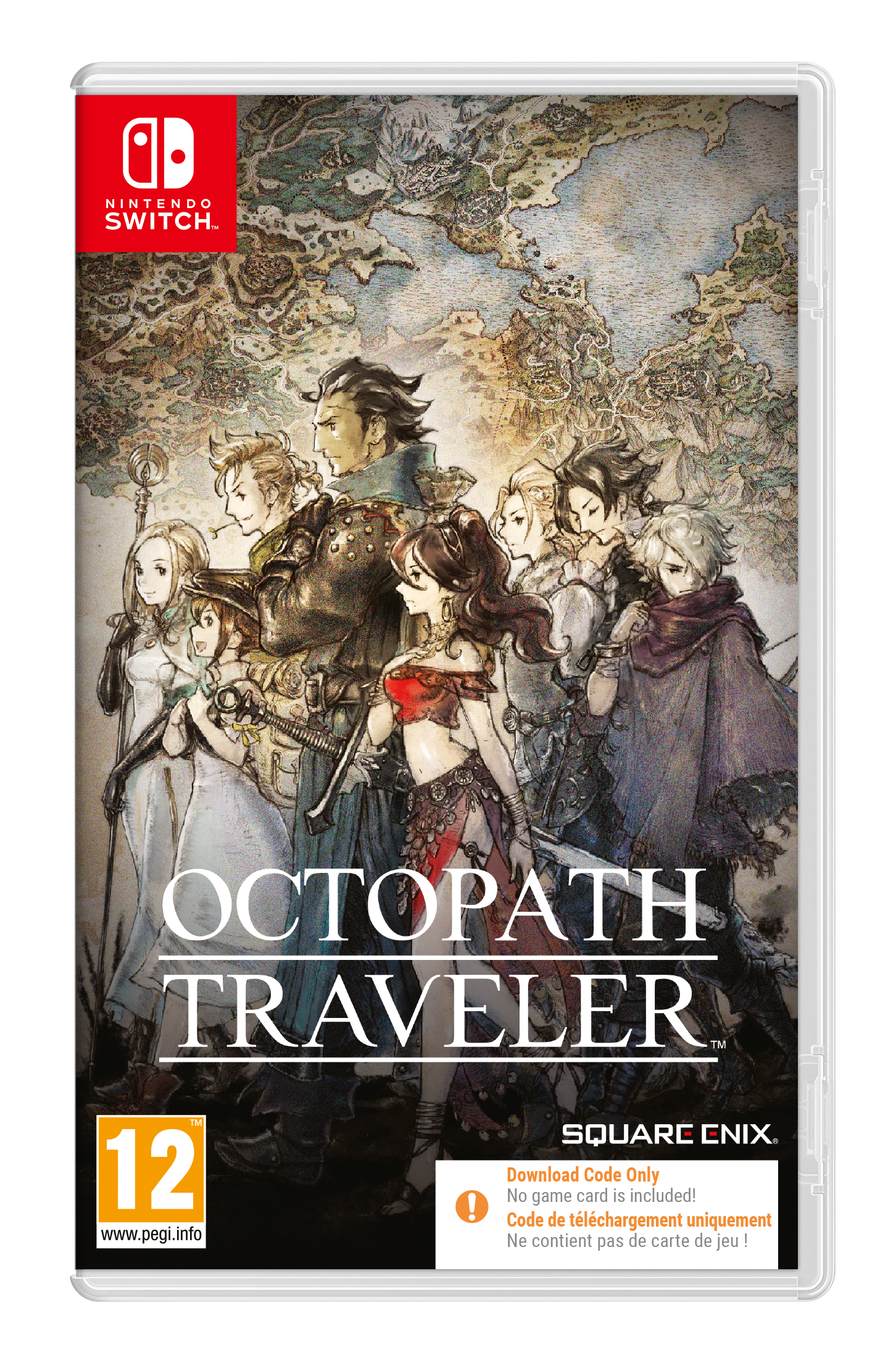 Etui do gry Octopath Traveler. Postacie są pokazane na okładce. Obecne logo Nintendo Switch.