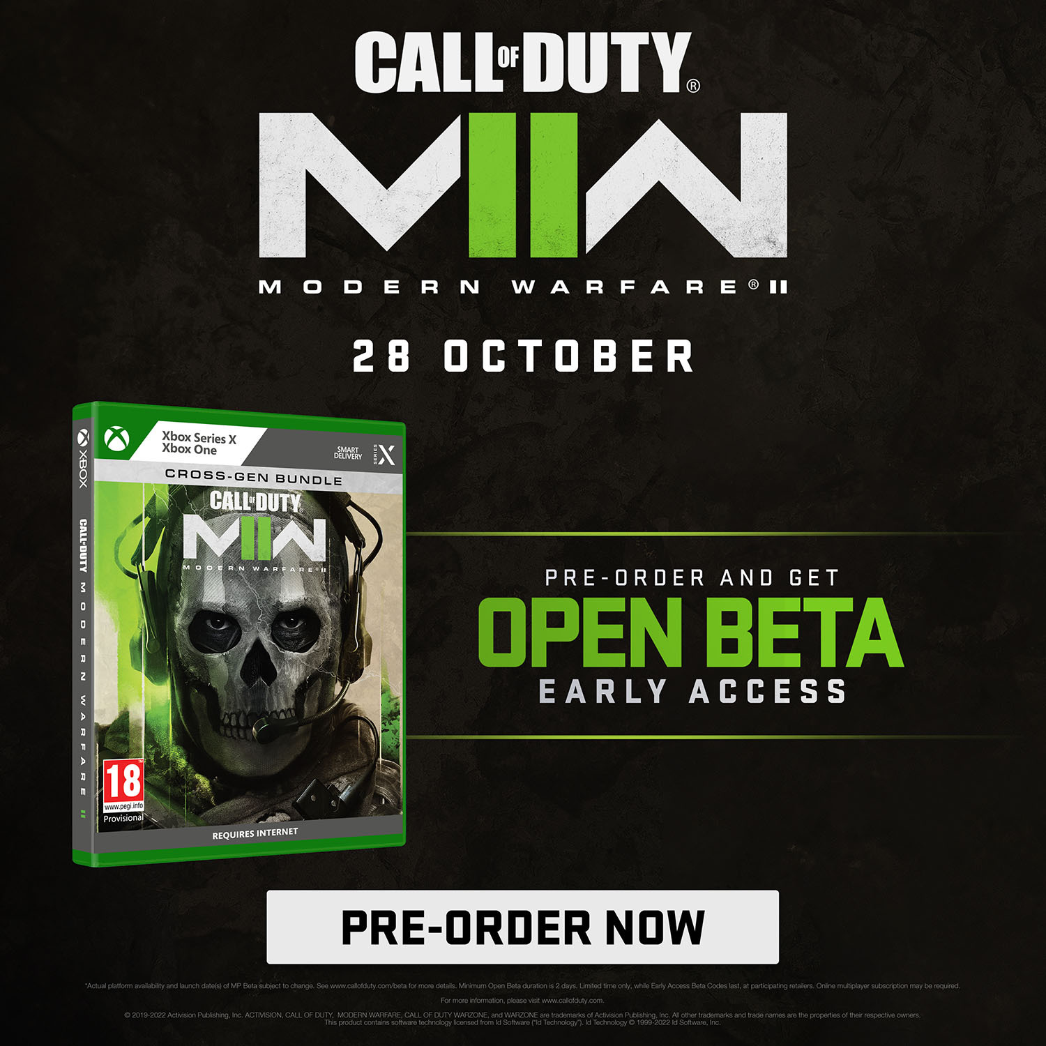 Scatola del gioco Call of Duty: Modern Warfare II, con un'immagine di teschio e informazioni di pre-ordine.