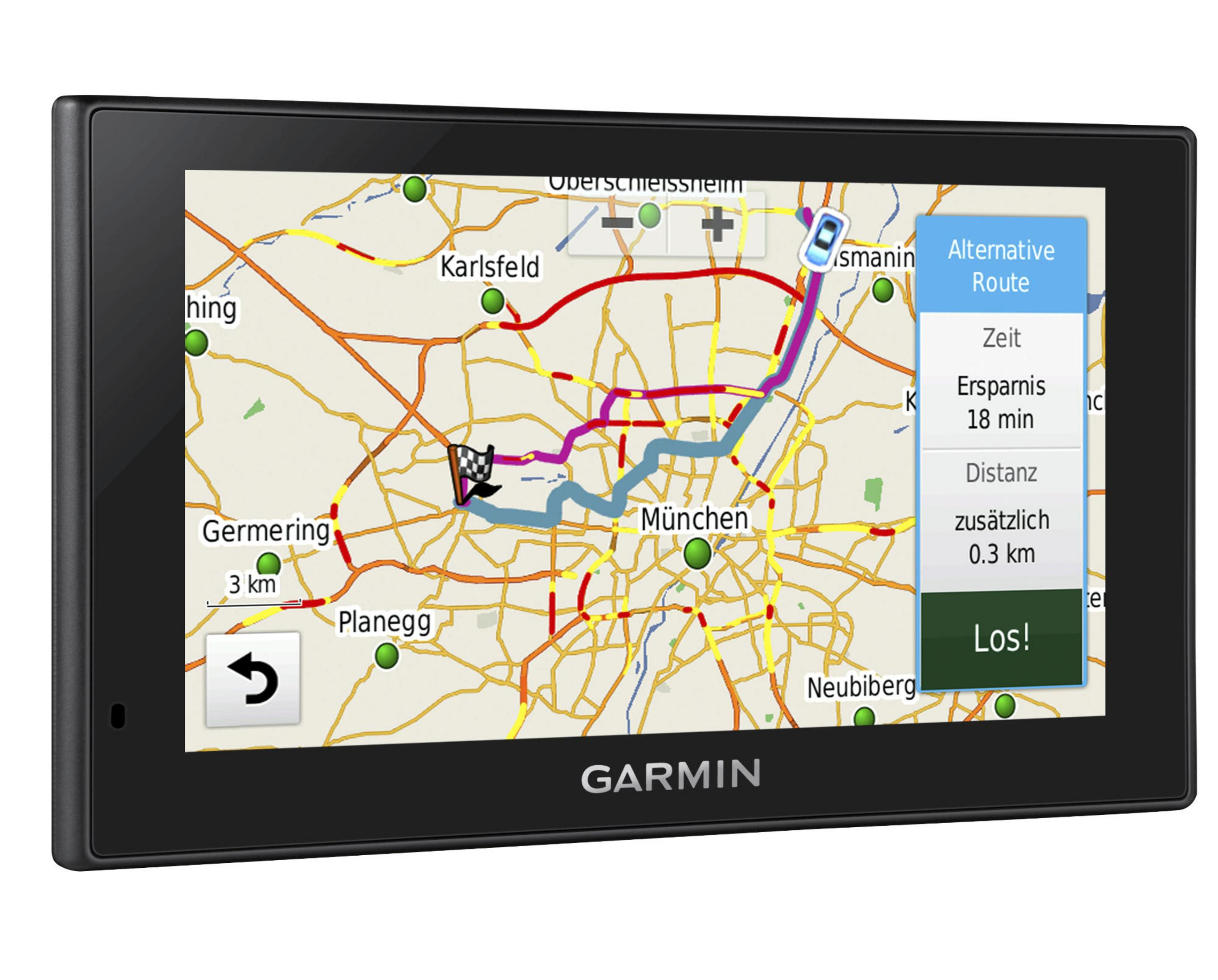 Garmin GPS, das eine Karte mit einer Route anzeigt. Zeigt Routenoptionen und ein Menü mit Routendetails.
