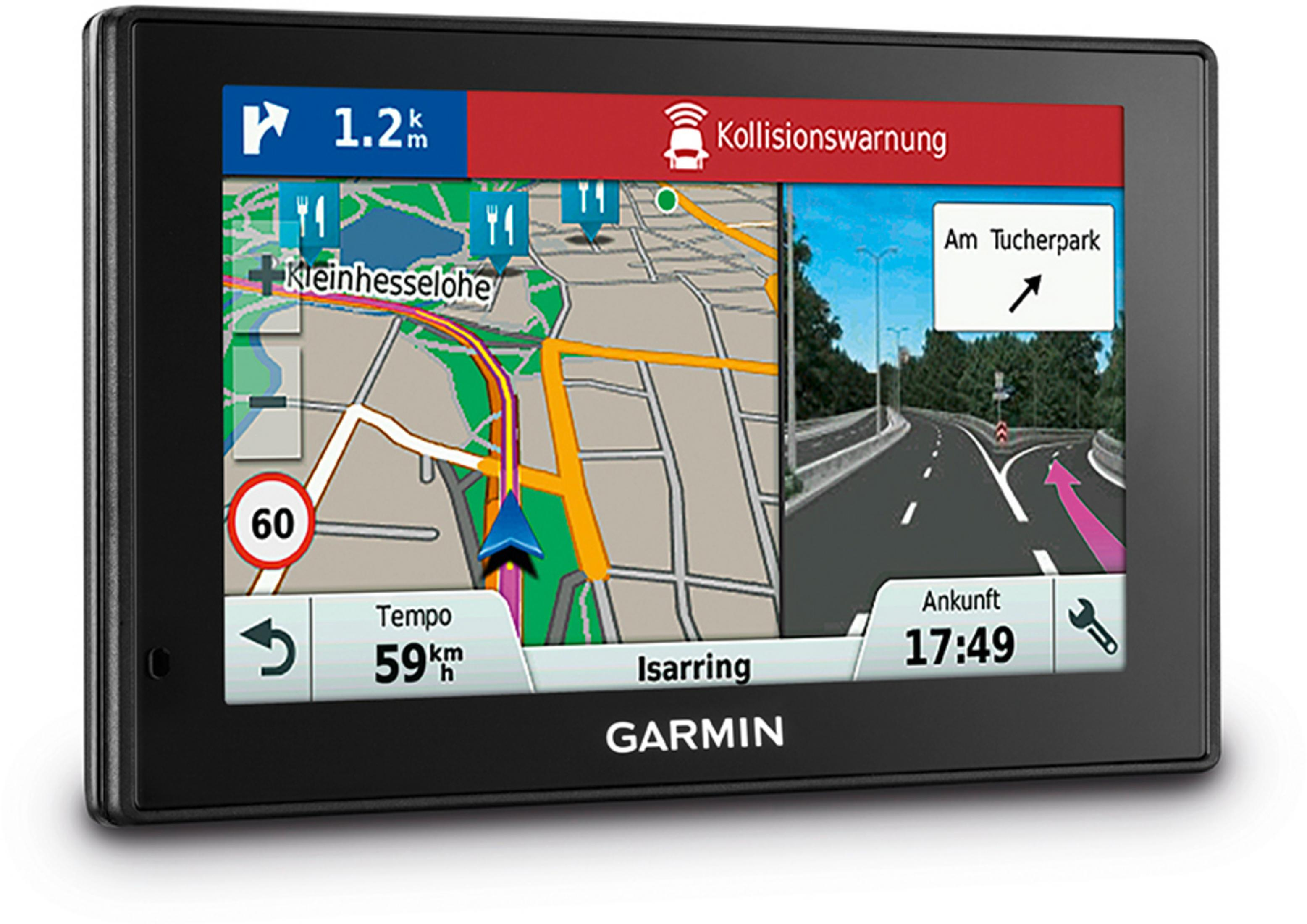 Garmin GPS-Navigationsgerät, zeigt eine Karte mit Routenführung und Geschwindigkeitsbegrenzung.