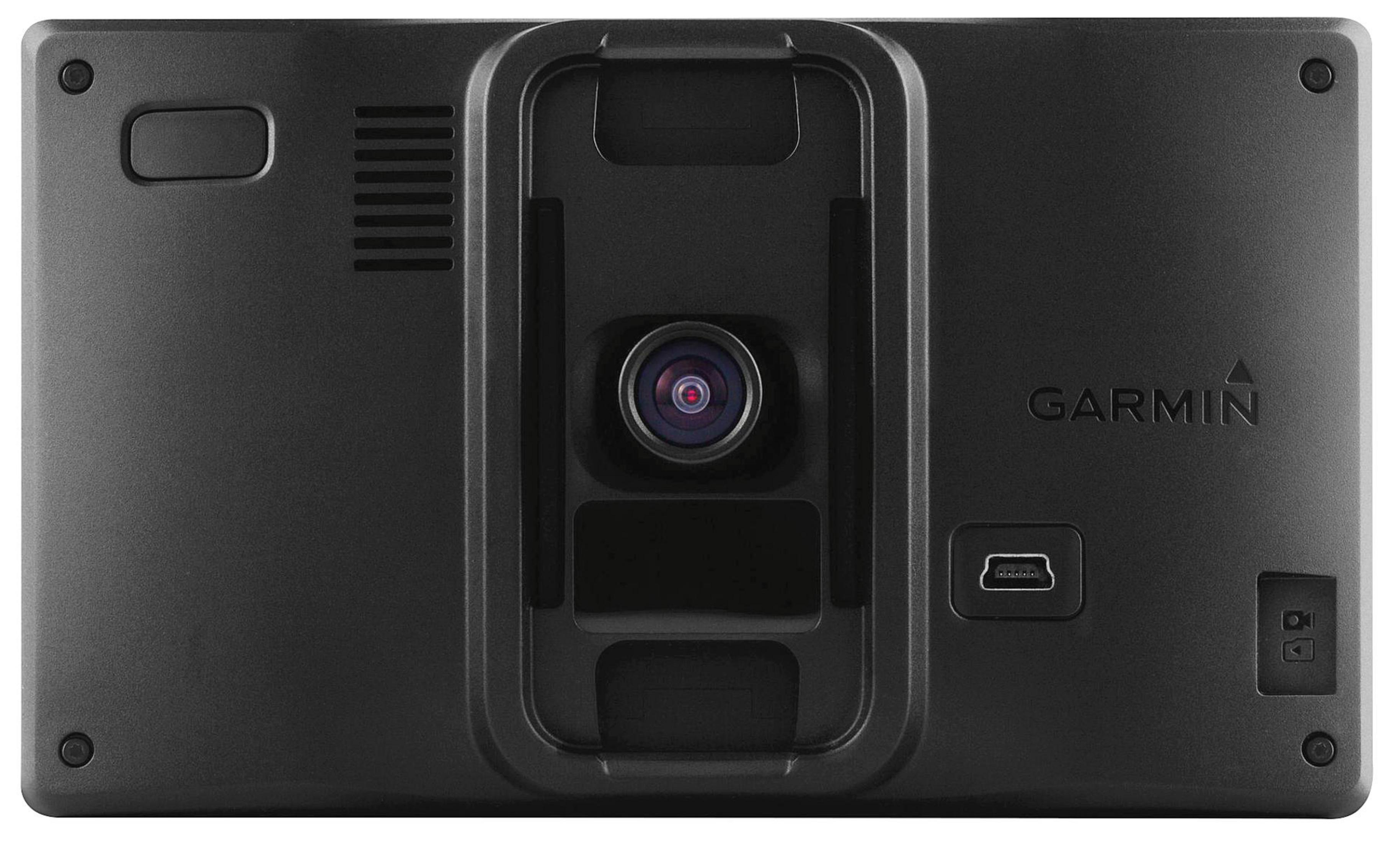 Ein schwarzes Garmin-Gerät mit Kamera und USB-Anschluss.