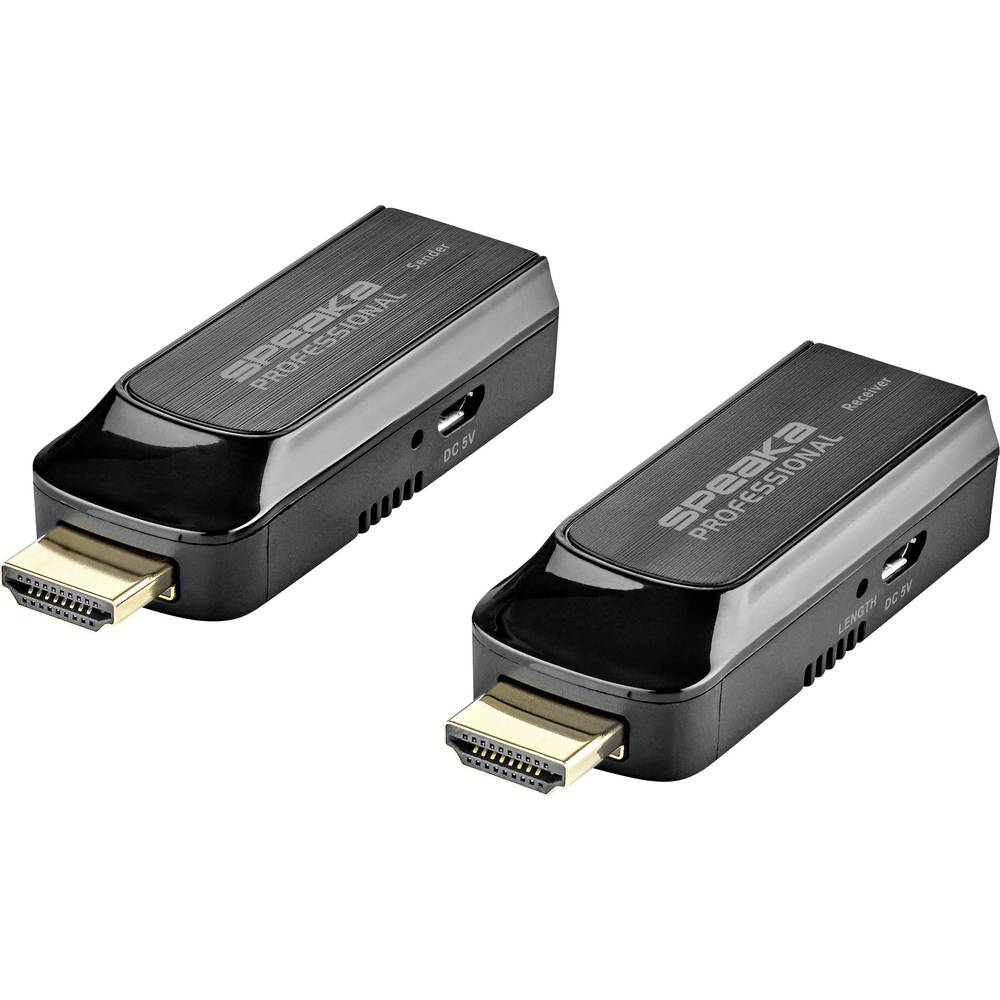 Due extender HDMI Speaka neri. Uno è etichettato come 'Sender', l'altro come 'Receiver'.