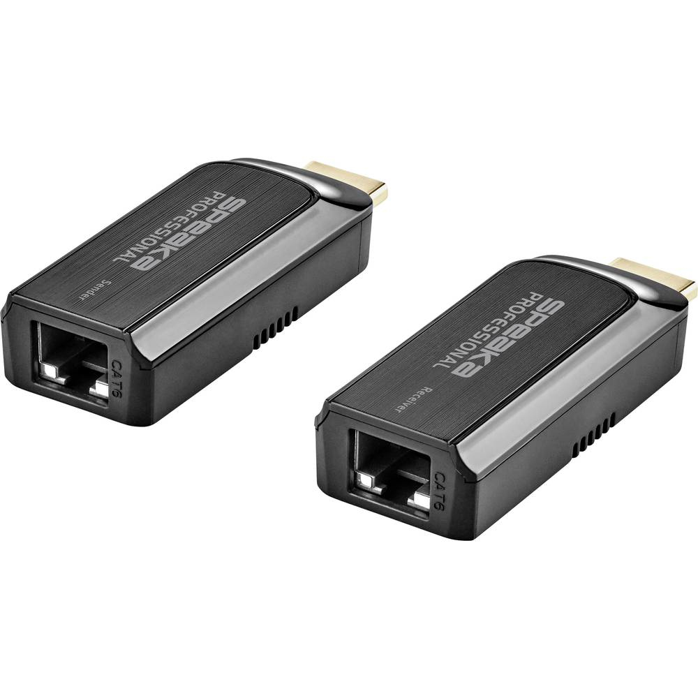 Due extender HDMI neri con porte CAT5. Il testo 'Speaka PROFESSIONAL' è visibile.