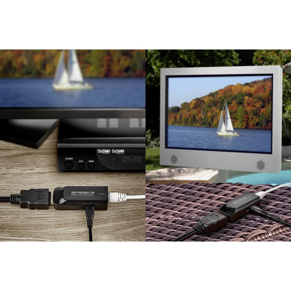 Uno schermo TV e uno schermo esterno che mostrano scene di navigazione, collegati tramite extender HDMI.