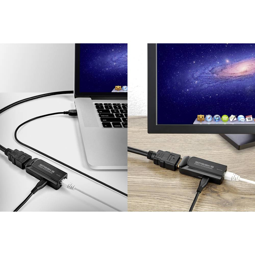 Laptop e monitor collegati con extender HDMI Speaka. Cavi e dispositivi visibili.
