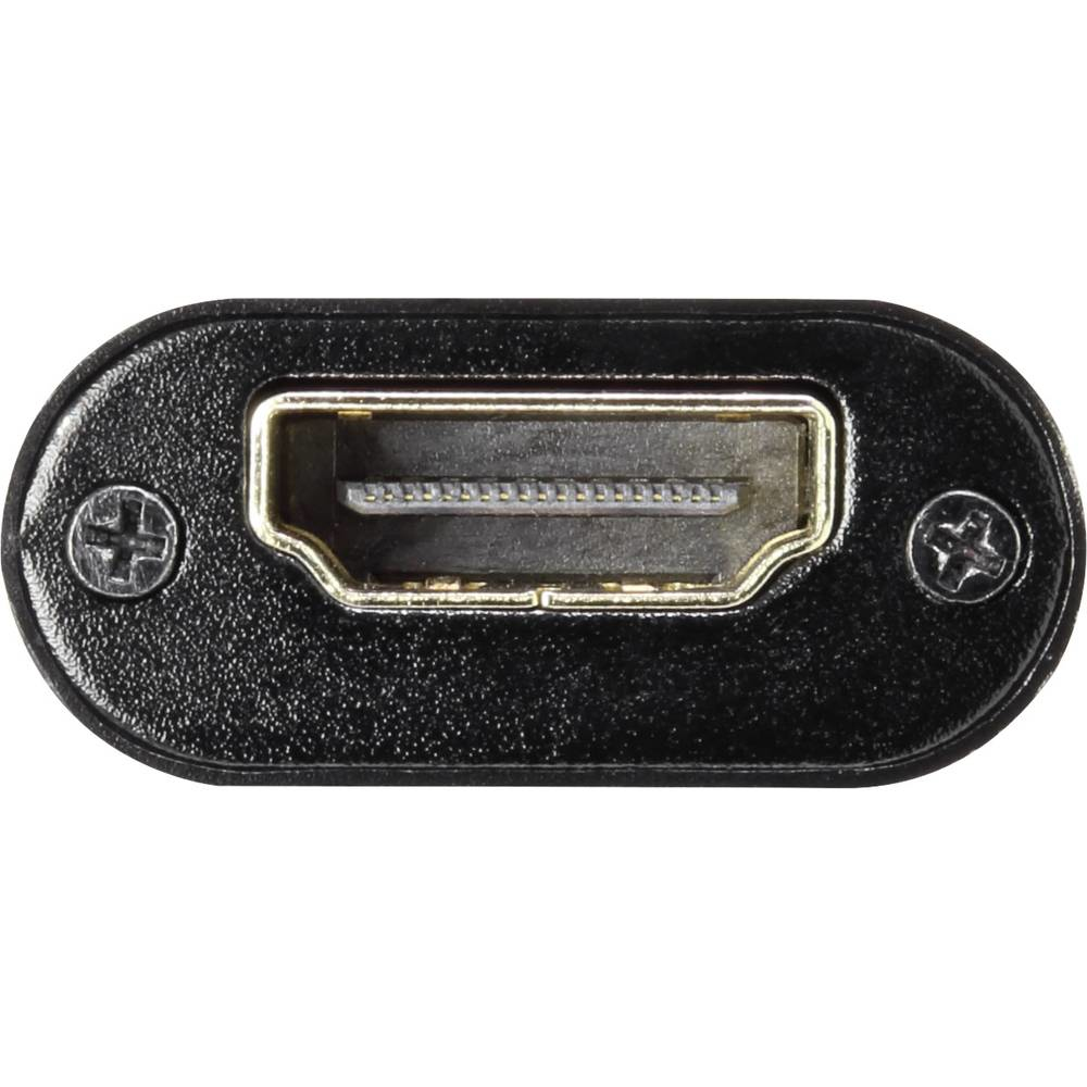 Connettore nero con porta HDMI rettangolare e fori per viti, vista ravvicinata.