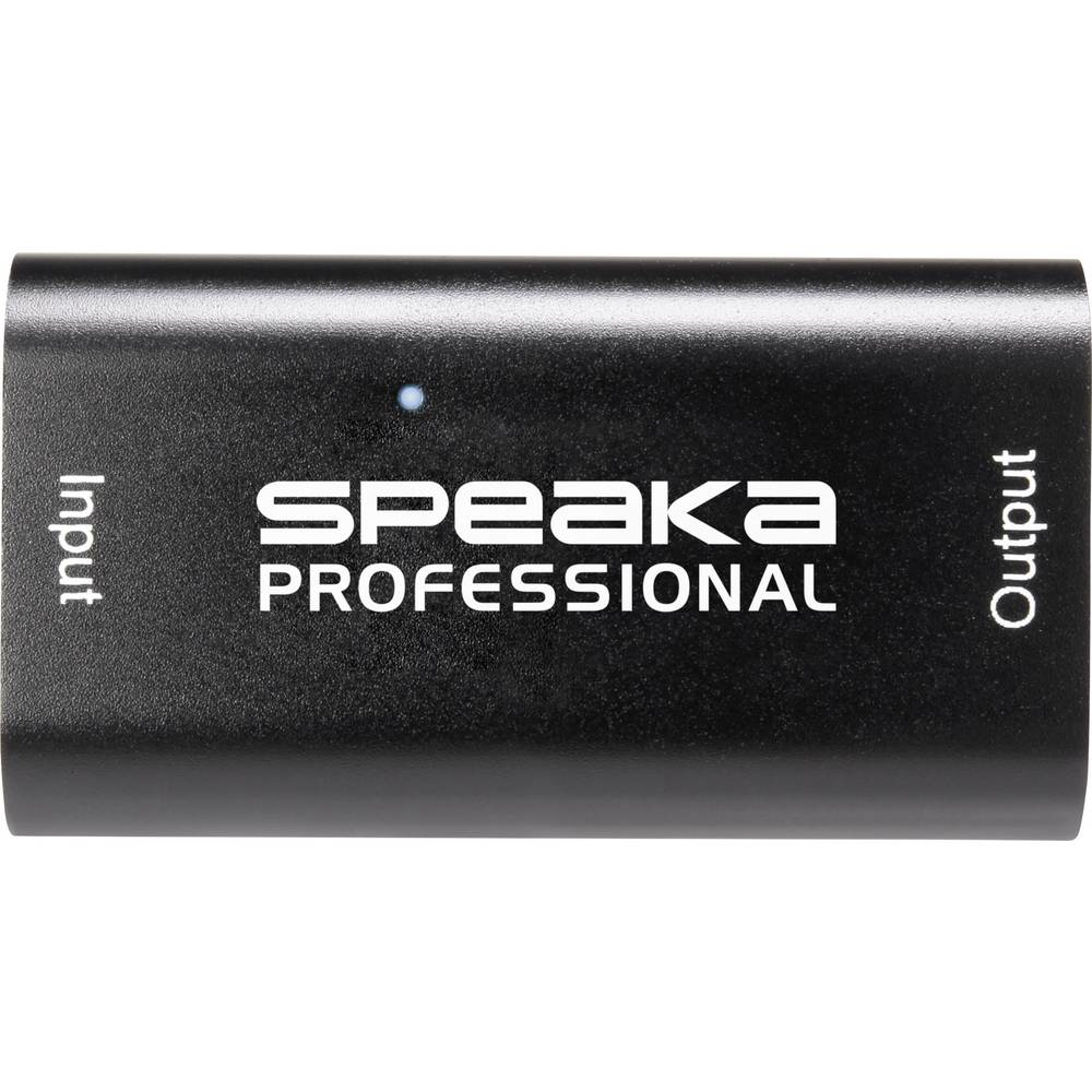 Adattatore HDMI Speaka Professional nero, etichettato con ingresso e uscita, su una superficie bianca.