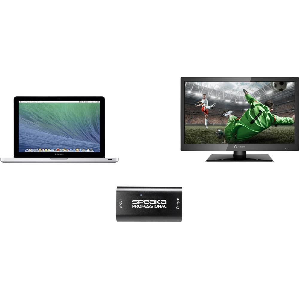 Laptop, dispositivo Speaka Professional e TV che mostra il calcio, su sfondo bianco.