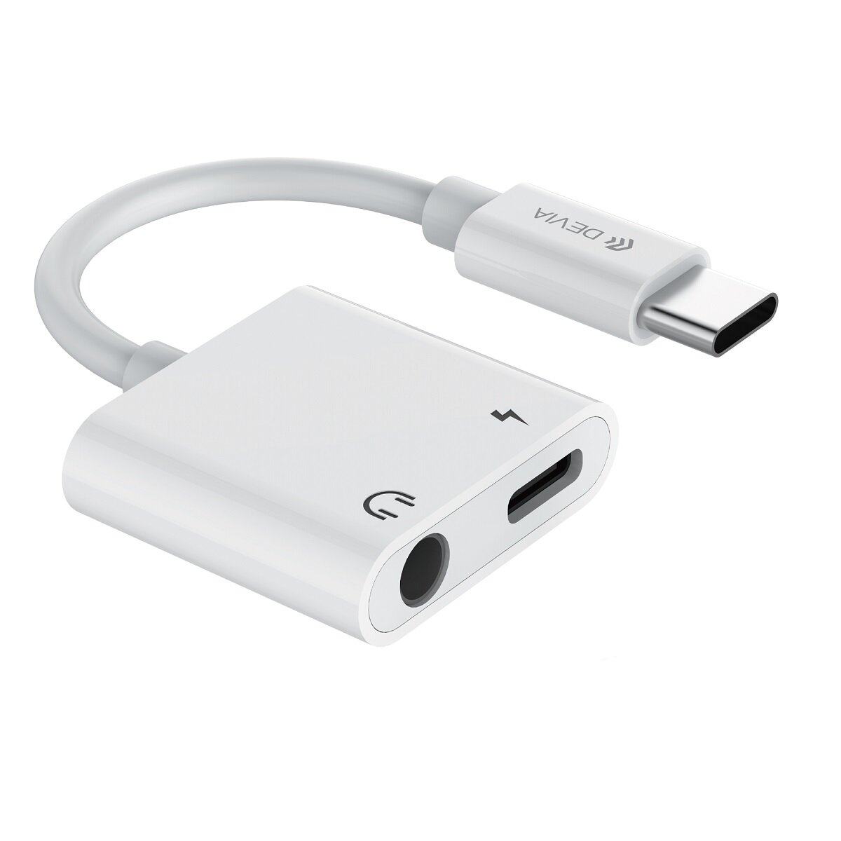 Un adattatore bianco con un connettore di tipo C e un connettore jack da 3,5 mm isolato su bianco.