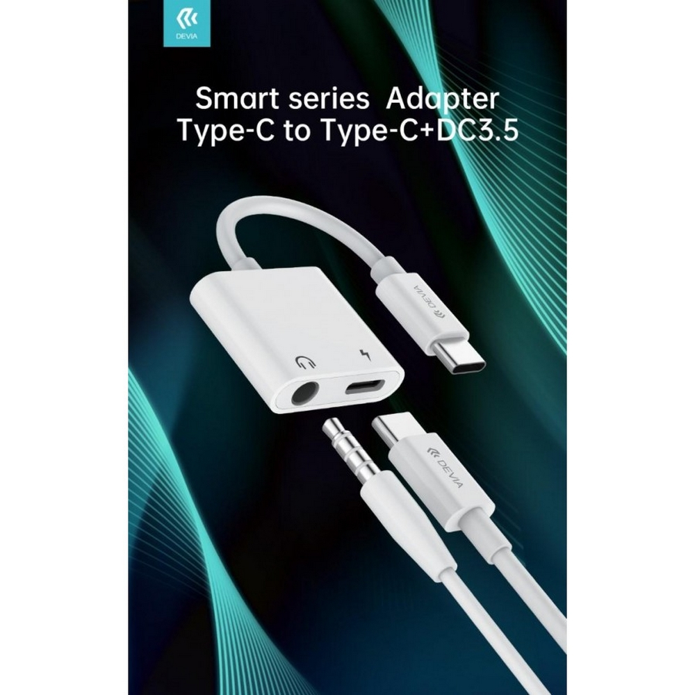 Adattatore bianco con connettori e cavi, con testo e sfondo bianco.