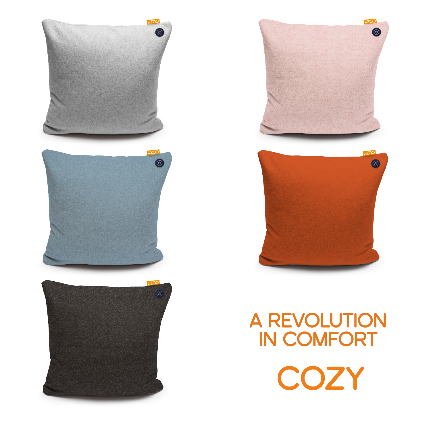 Meerdere vierkante kussens in verschillende kleuren. De kussens zijn voorzien van de merknaam "COZY".