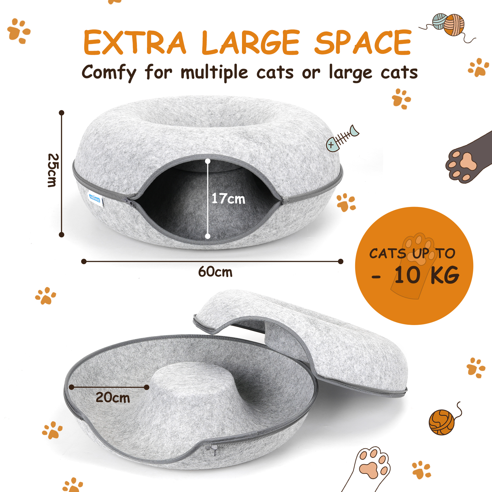 Cama para gatos gris con un gato dentro, y medidas para referencia.