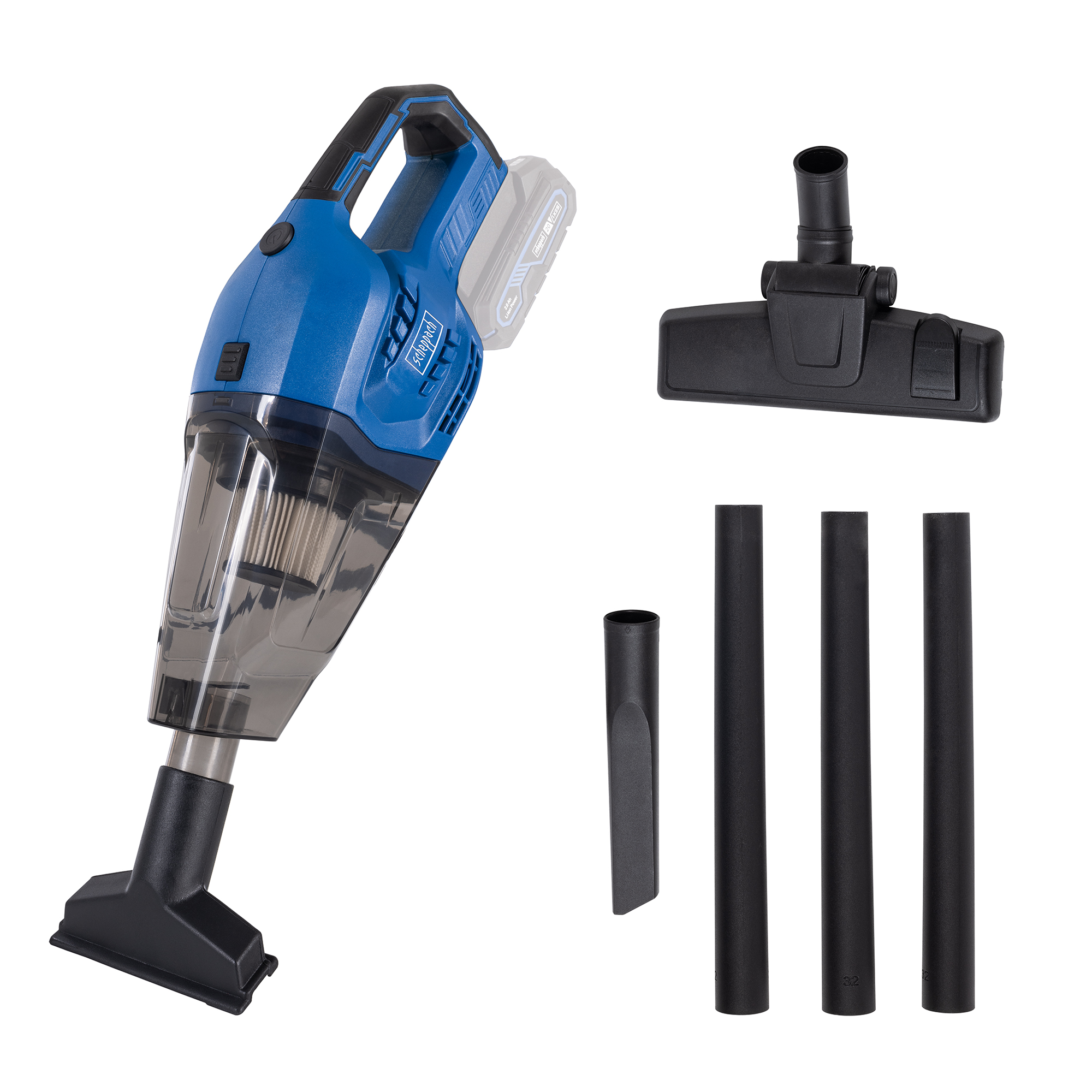 A cordless vacuum cleaner with various attachments, including a brush head and extension wands.