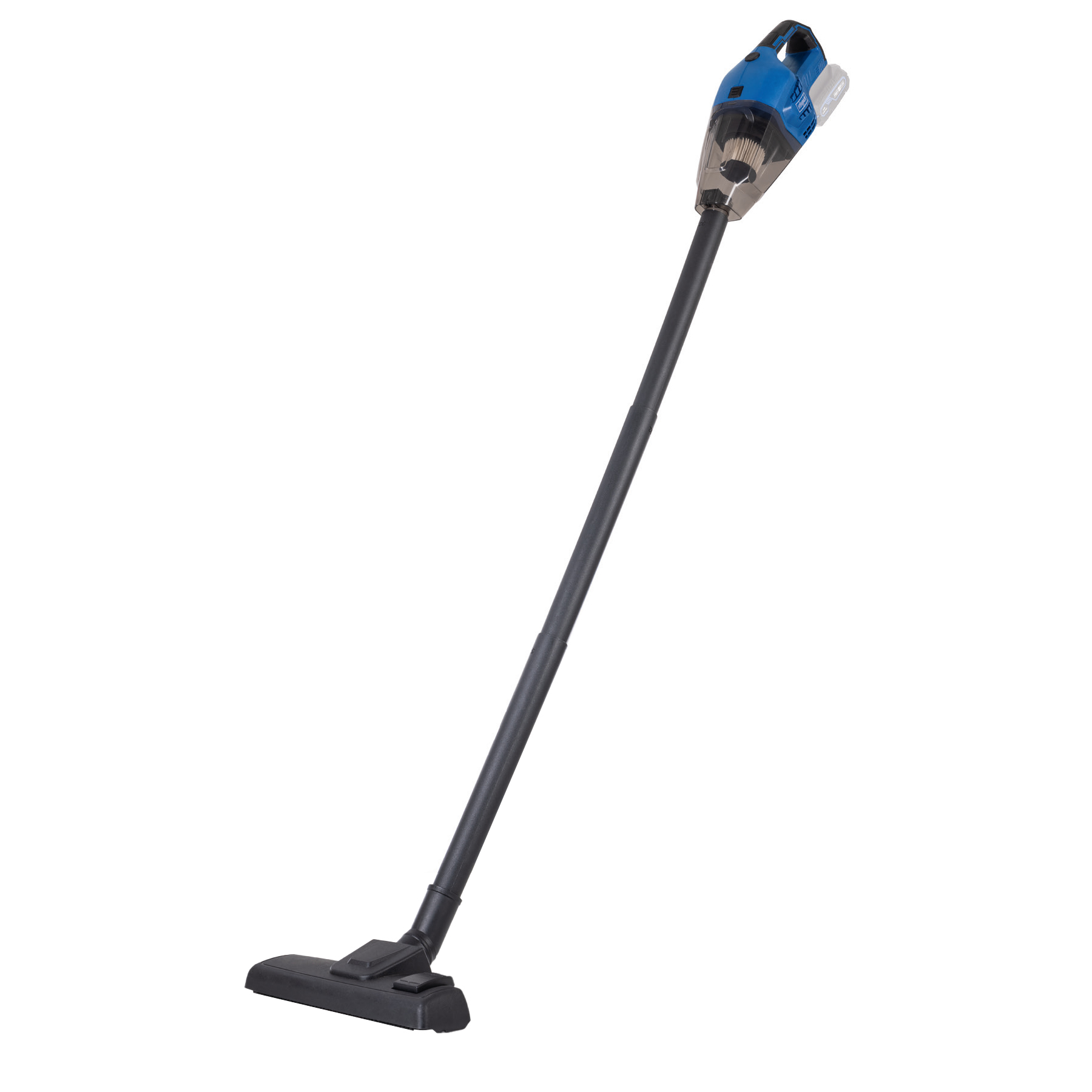 Black and blue cordless vacuum cleaner on a white background. The vacuum is angled.