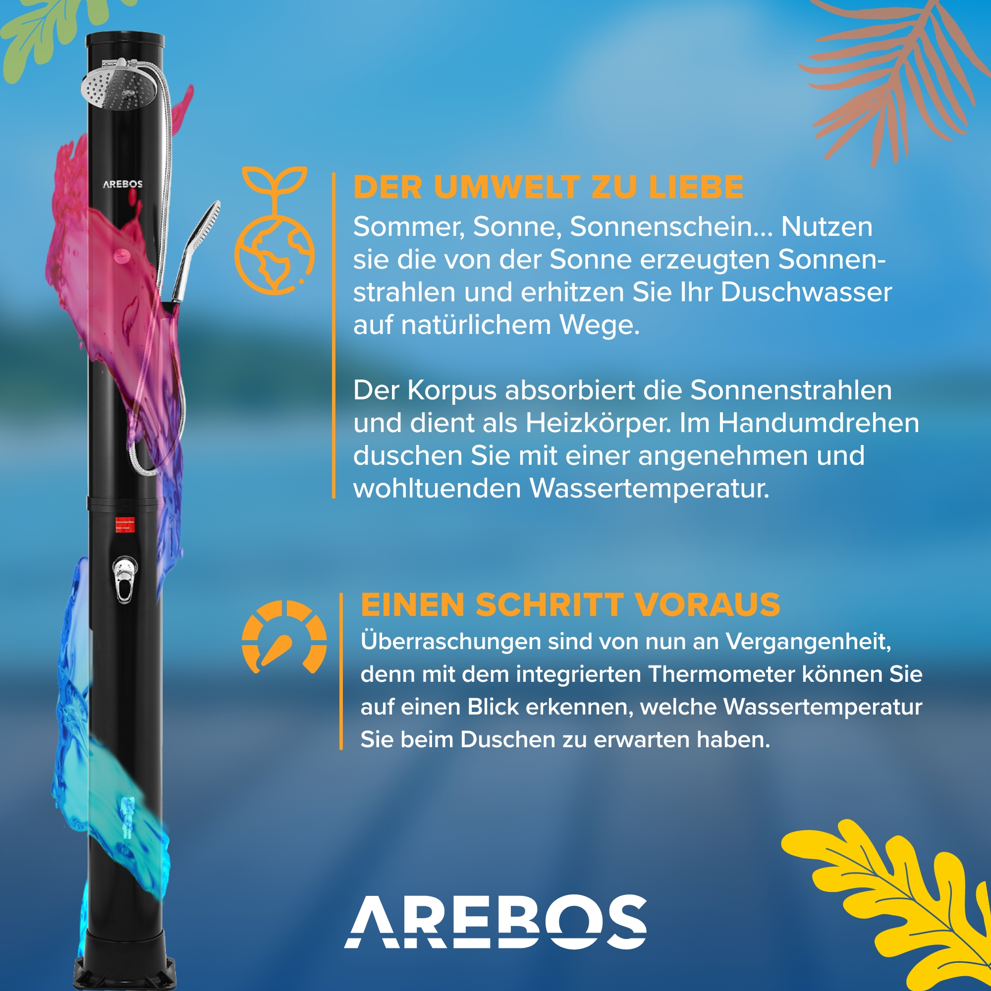 Eine schwarze Außendusche mit Duschkopf und Text, der ihre Eigenschaften beschreibt. Wassereffekte sind gezeigt.