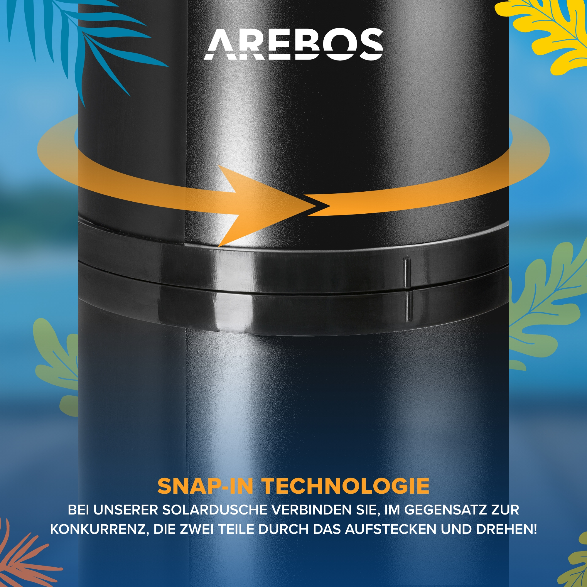 Nahaufnahme eines schwarzen zylindrischen Objekts mit einem Pfeil darum. Text mit der Aufschrift 'Snap-in-Technologie'.