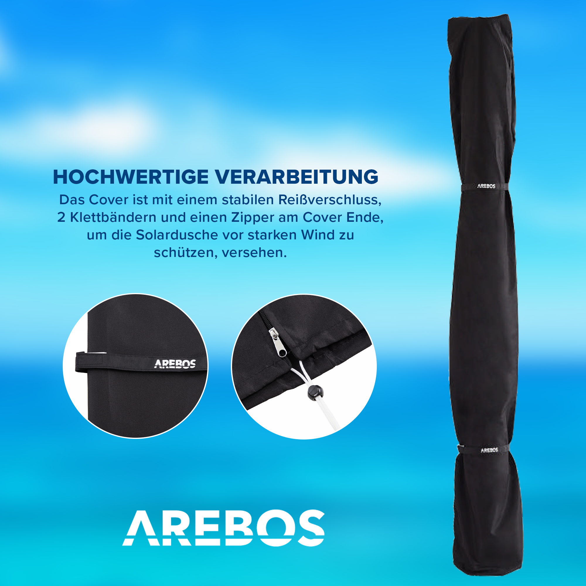 Eine schwarze Abdeckung für eine Außendusche. Sie hat einen Reißverschluss und Klettbänder. Text auf der Abdeckung.
