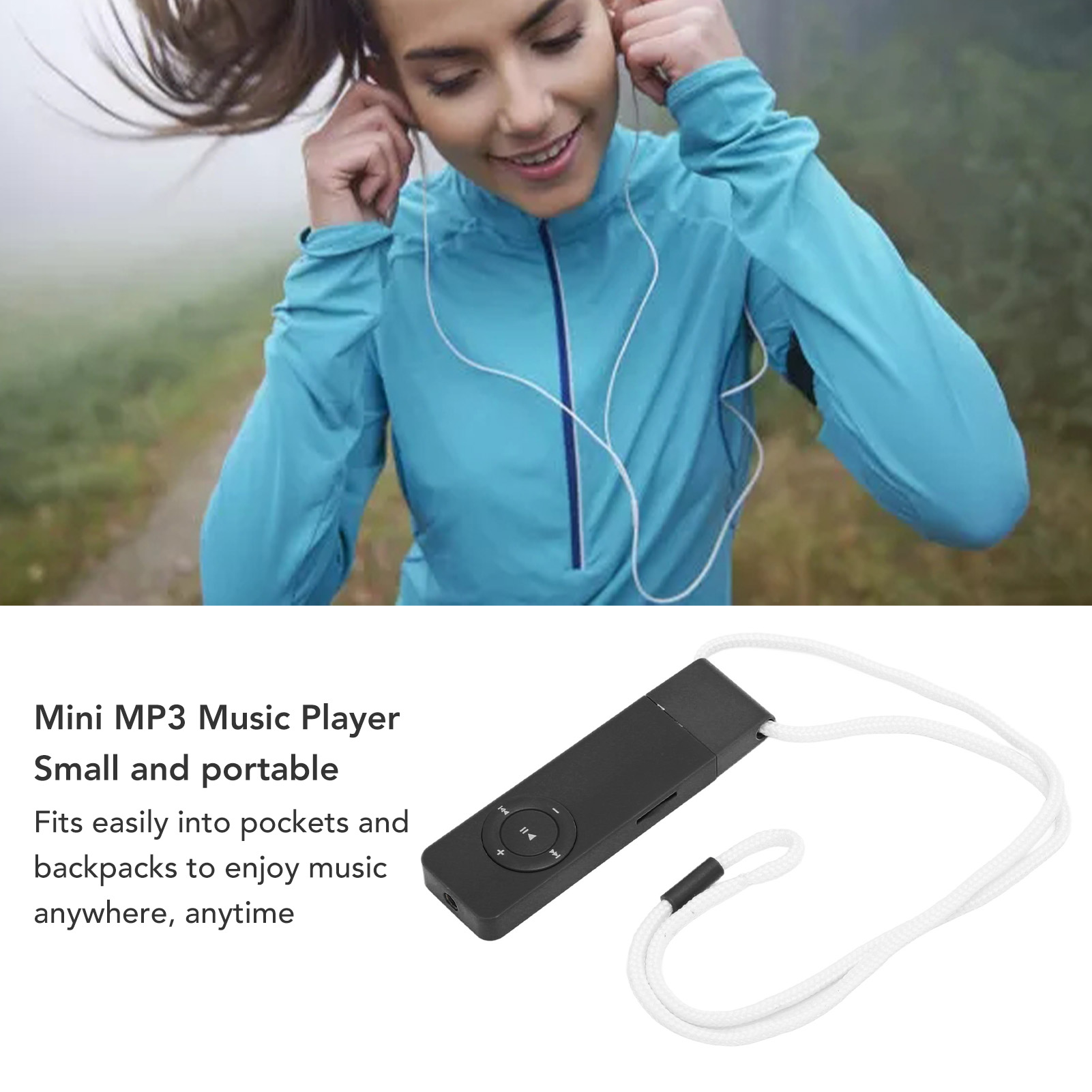 Eine Frau hört Musik mit weißen Kopfhörern. Ein kleiner schwarzer MP3-Player im Vordergrund.
