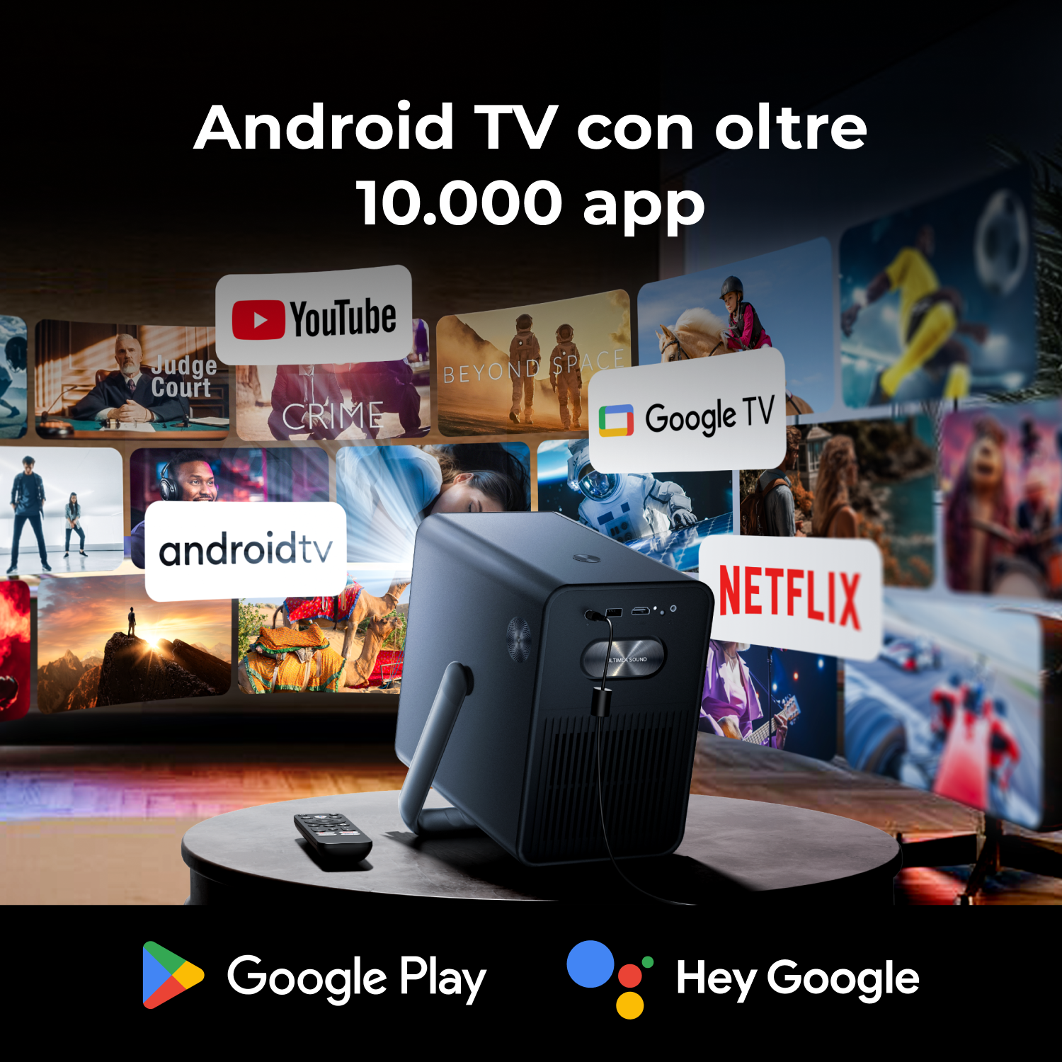 Proiettore su un tavolo con app sullo sfondo e la scritta "Android TV".